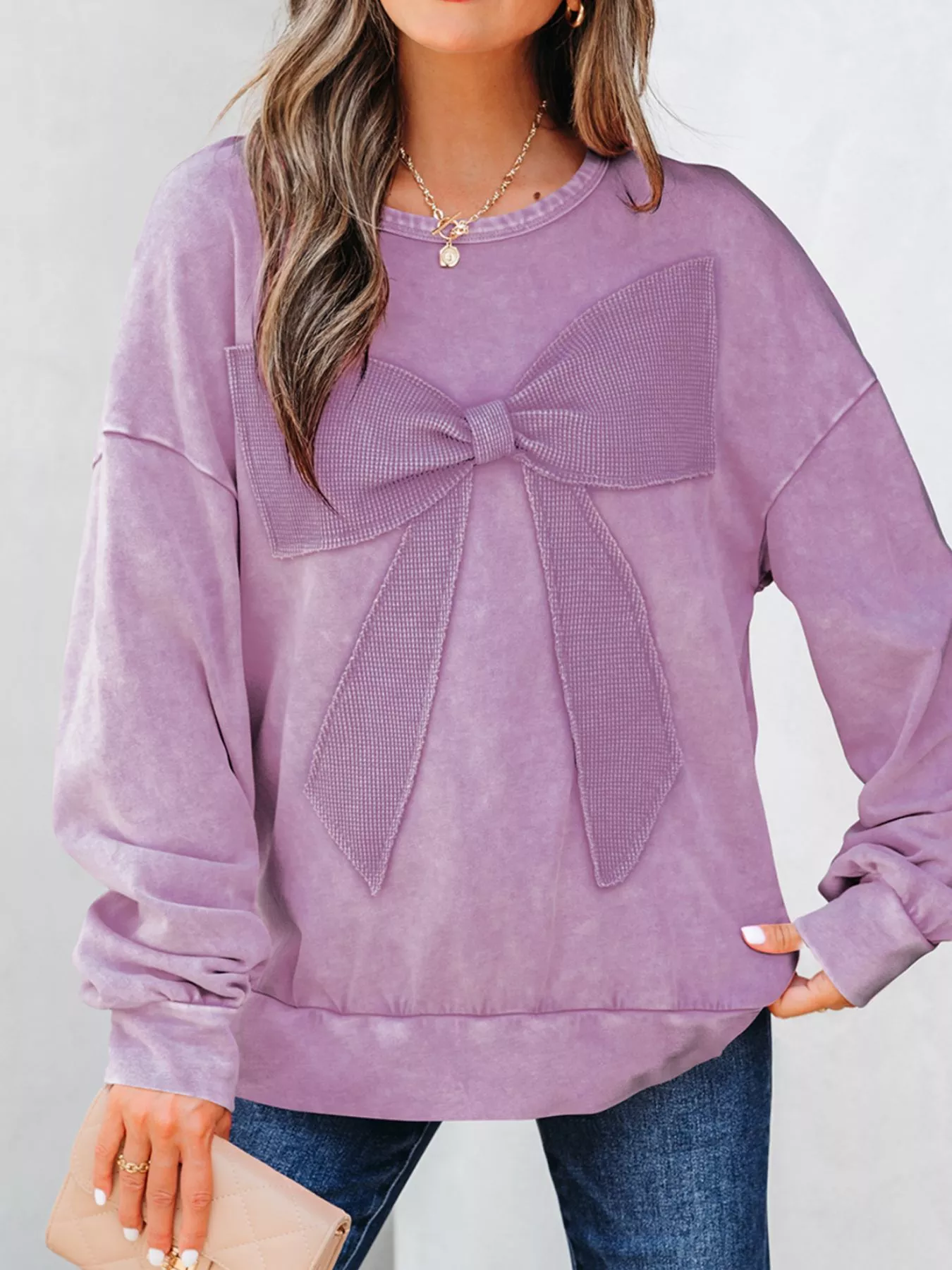 Mineral Wash Bow Patchwork Sweatshirt - Image 12