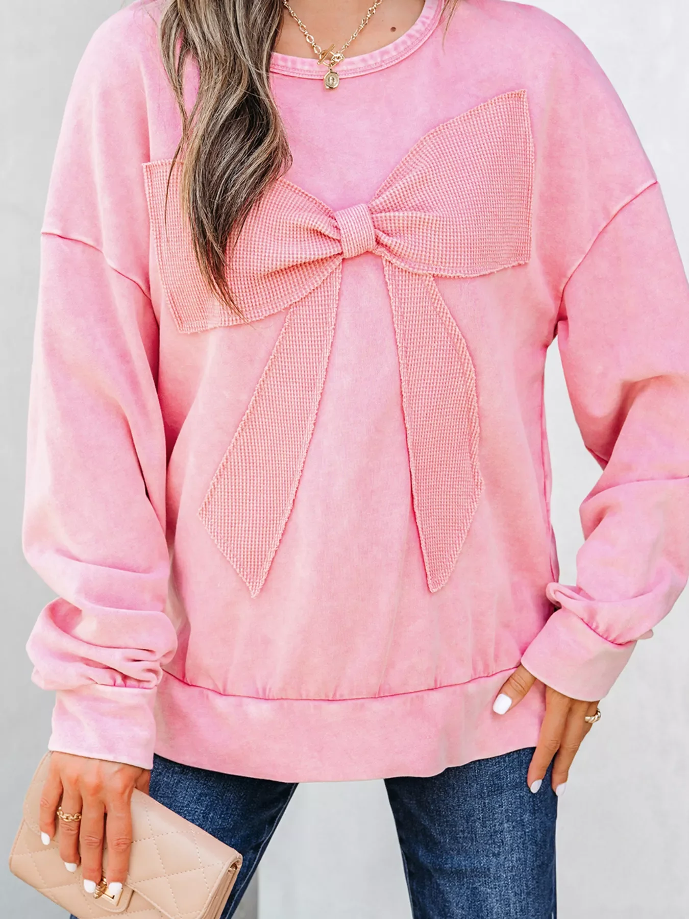 Mineral Wash Bow Patchwork Sweatshirt - Image 2