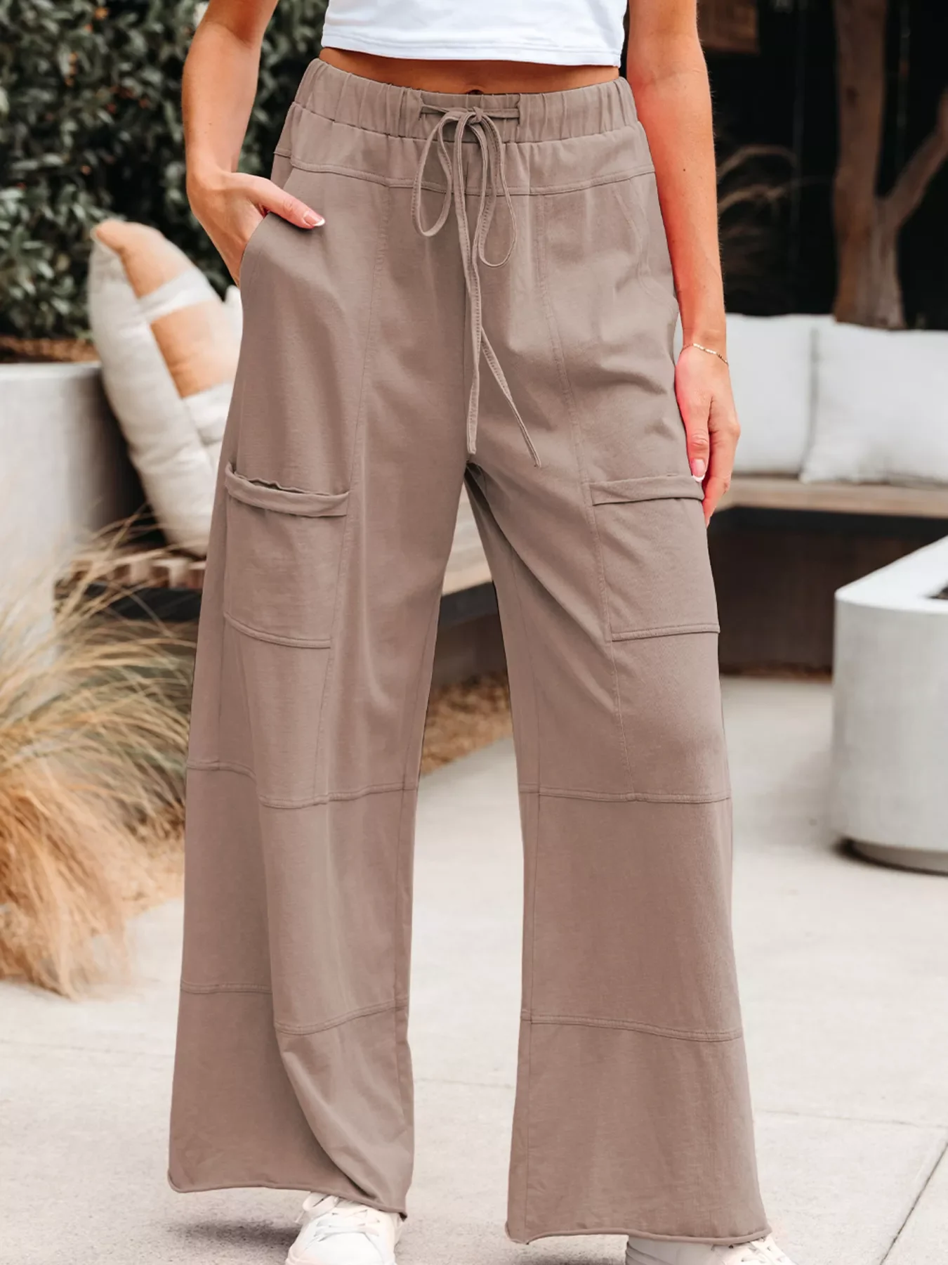 Mineral Wash Exposed Seam Drawstring Elastic Waistband Wide Leg Cargo Pants - Image 2