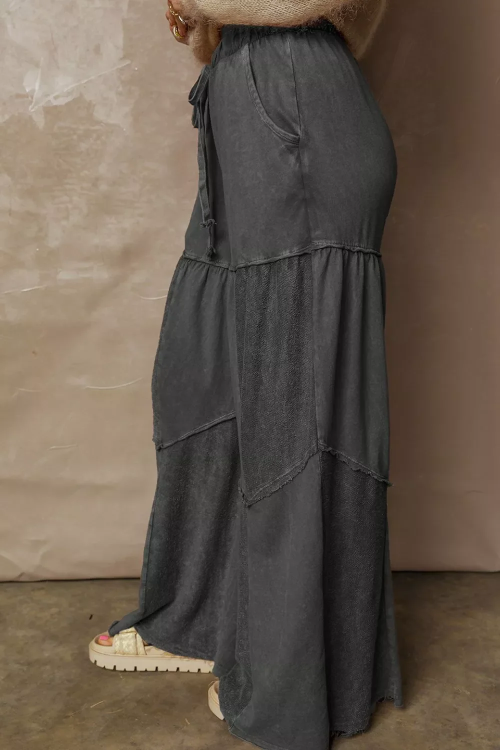 Mineral Wash Tiered Wide Leg Patchwork Drawstring Pants - Image 5