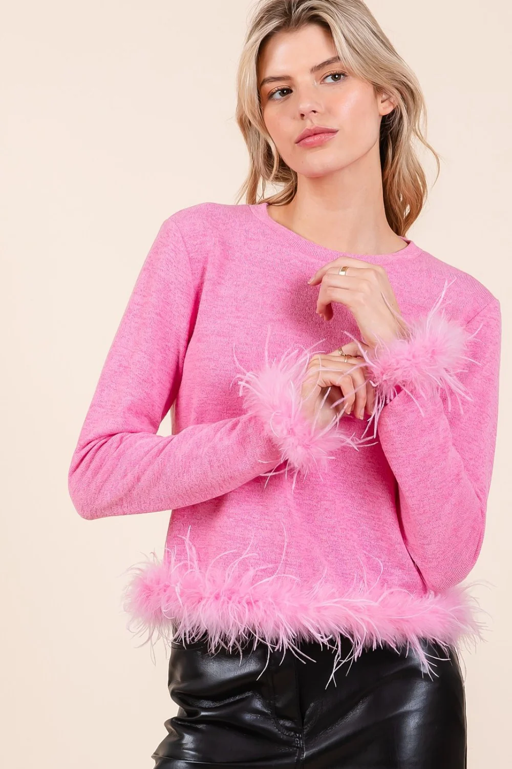 Mittoshop Feather Trim Long Sleeve Crop Hacci Knit Top - Image 4