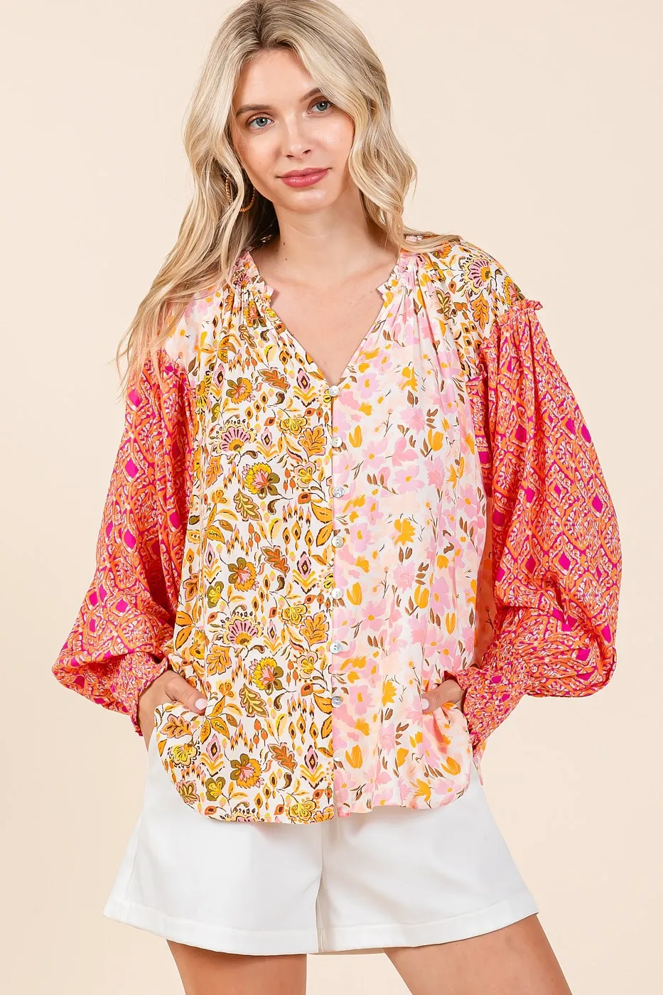Mittoshop Mixed Patchwork Print Long Sleeve Blouse - Image 3