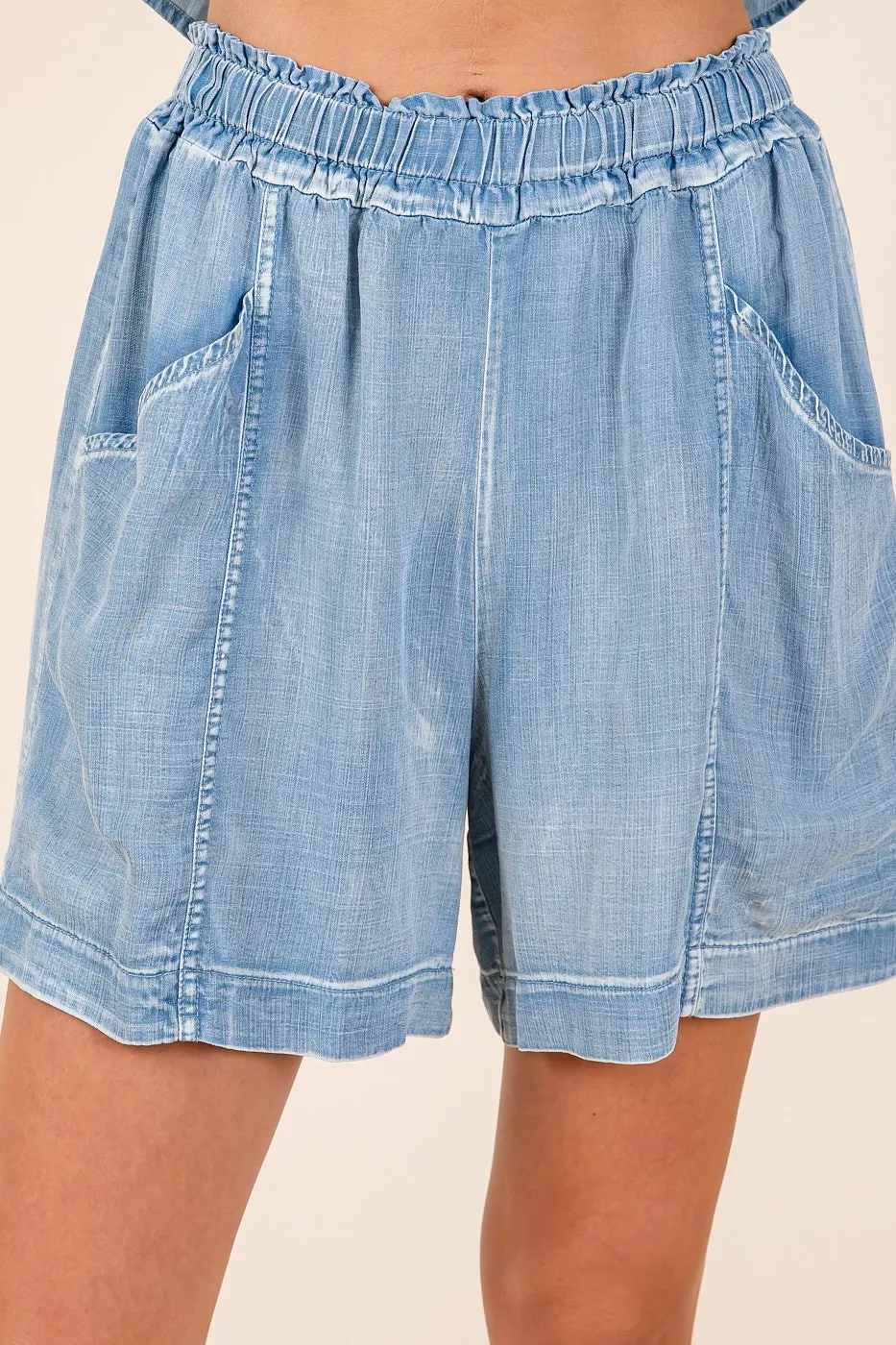 Mittoshop Washed Chambray Elastic Waist Easy Fit Shorts - Image 4