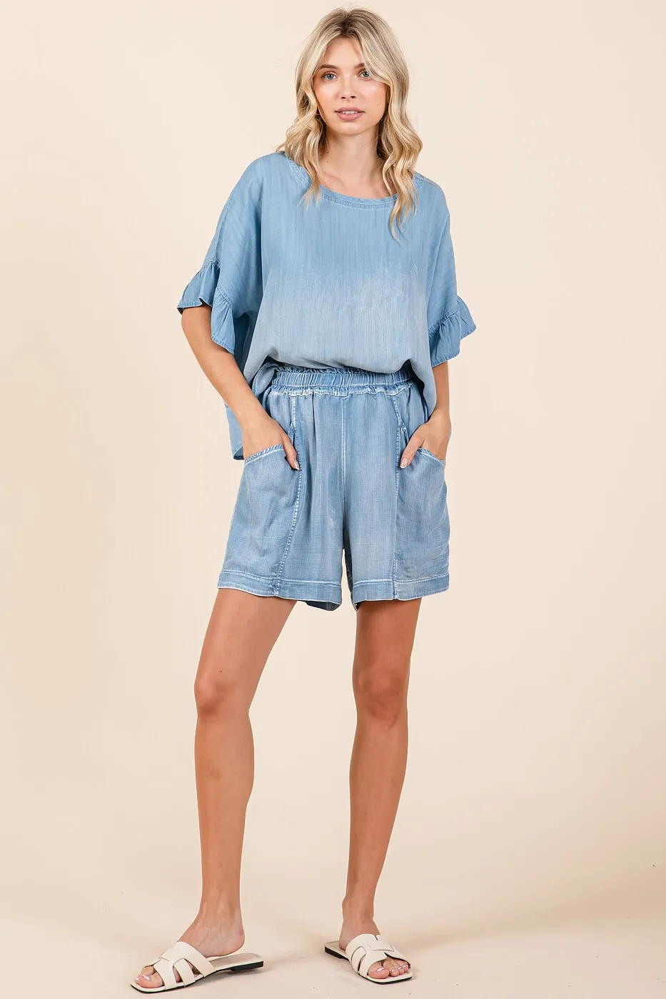 Mittoshop Washed Chambray Elastic Waist Easy Fit Shorts - Image 5