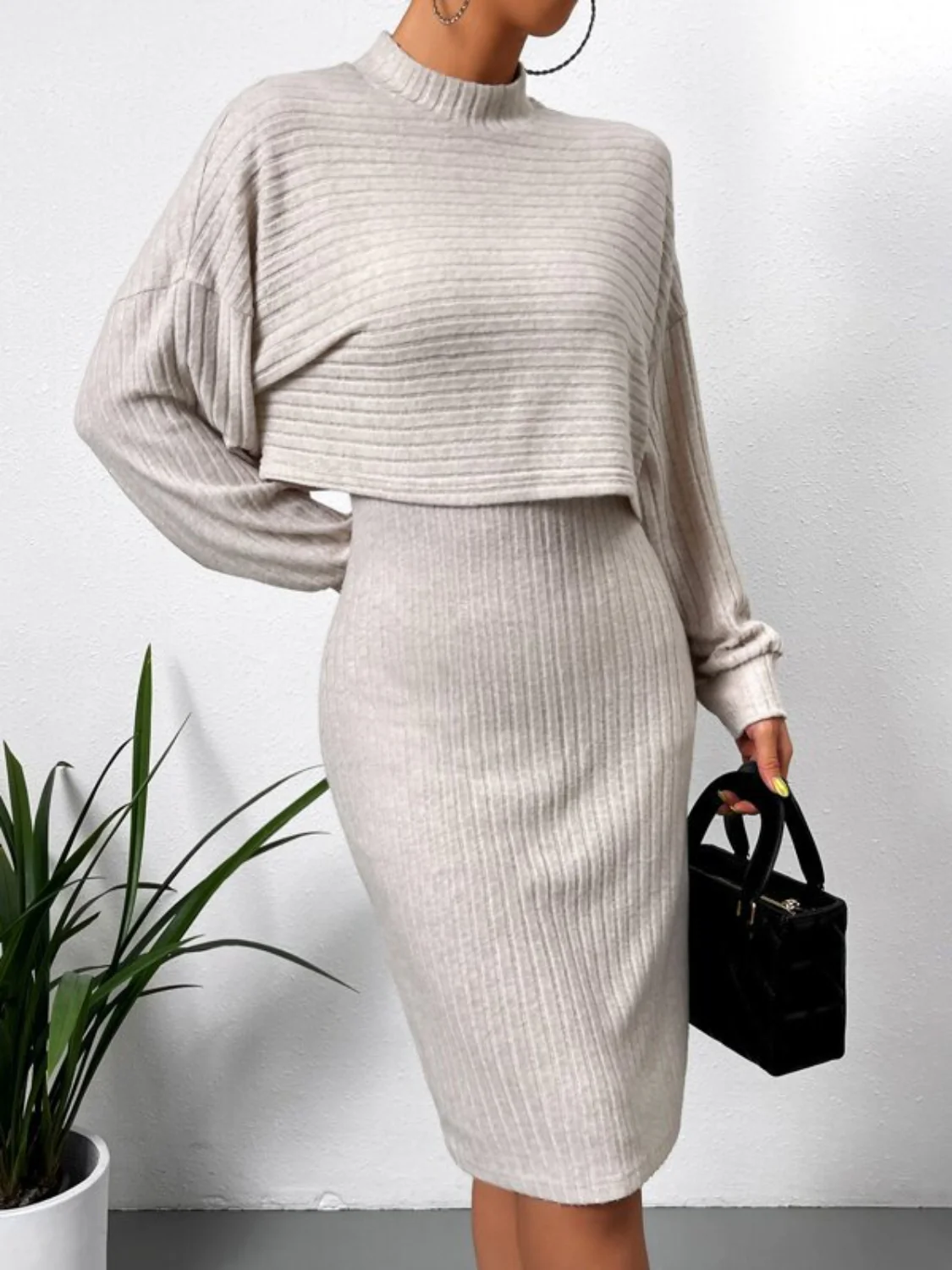 Mock Neck Long Sleeve Top and Wide Strap Dress Set - Image 5