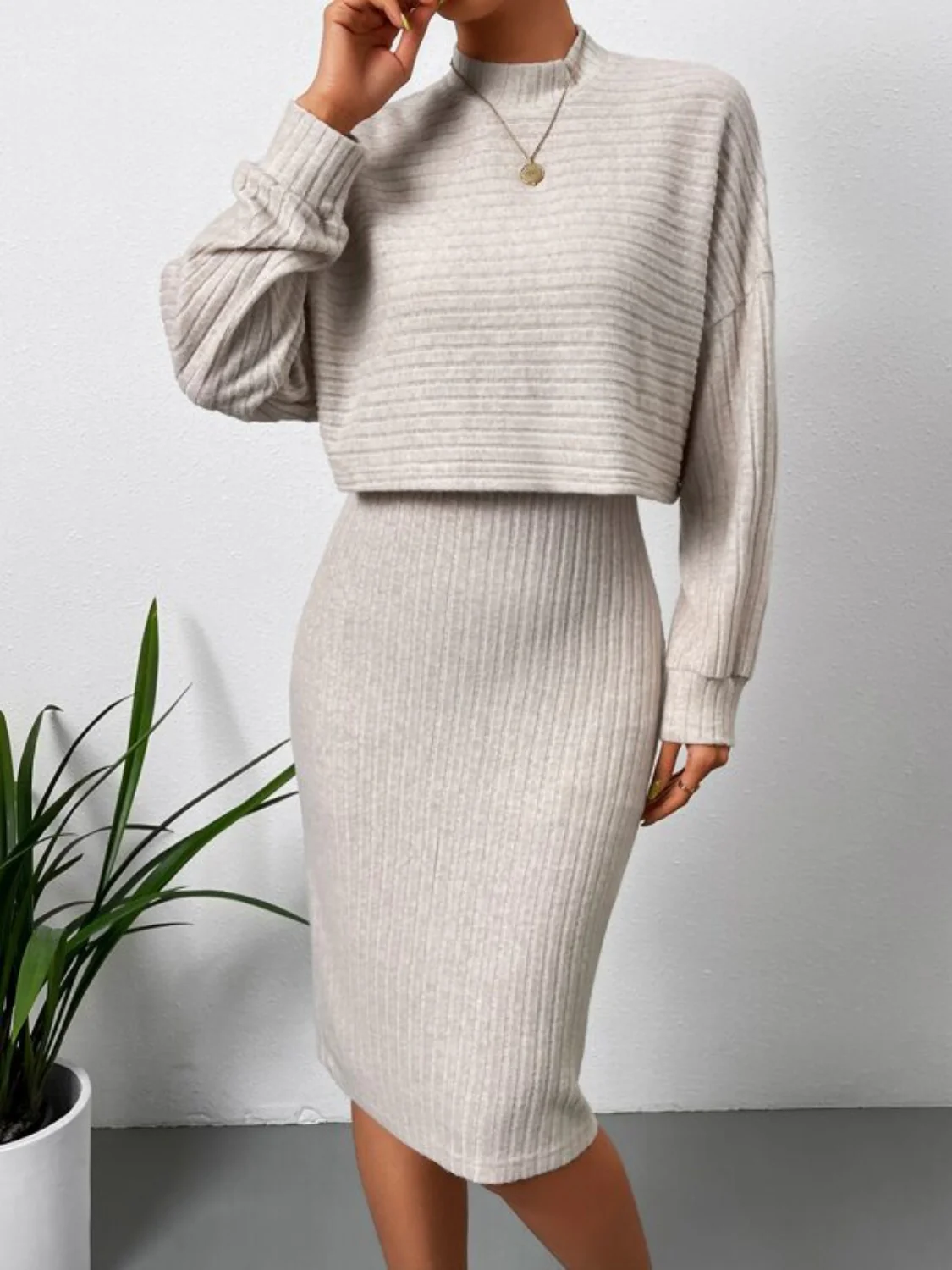Mock Neck Long Sleeve Top and Wide Strap Dress Set - Image 6