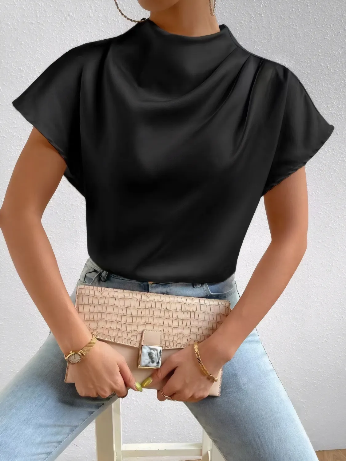 Mock Neck Short Sleeve Blouse - Image 7