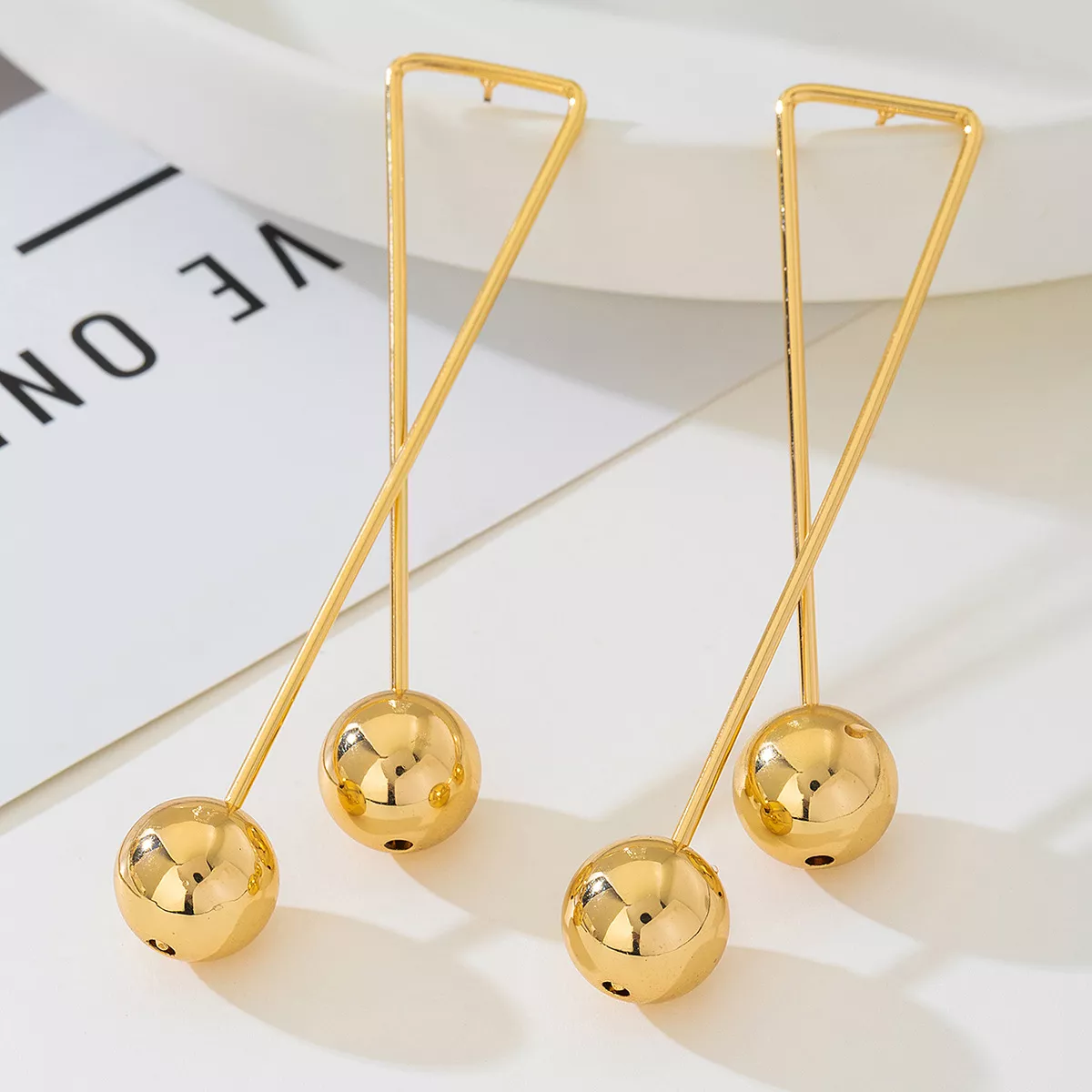 Modern Geometric Triangle Gold Ball Drop Earrings - Image 2