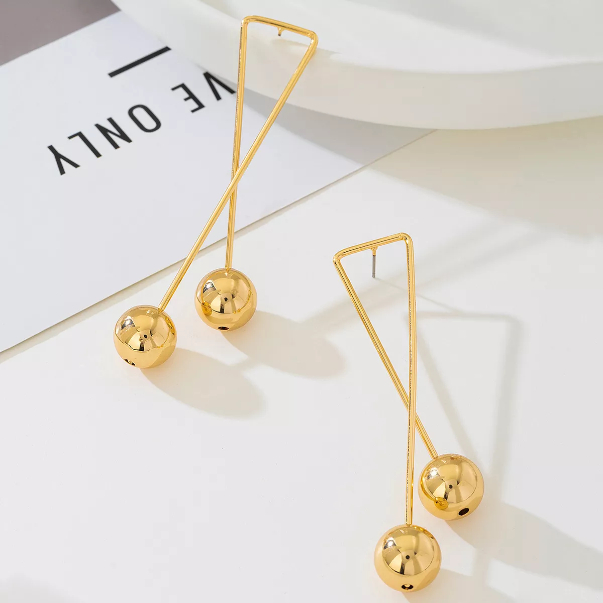 Modern Geometric Triangle Gold Ball Drop Earrings - Image 3