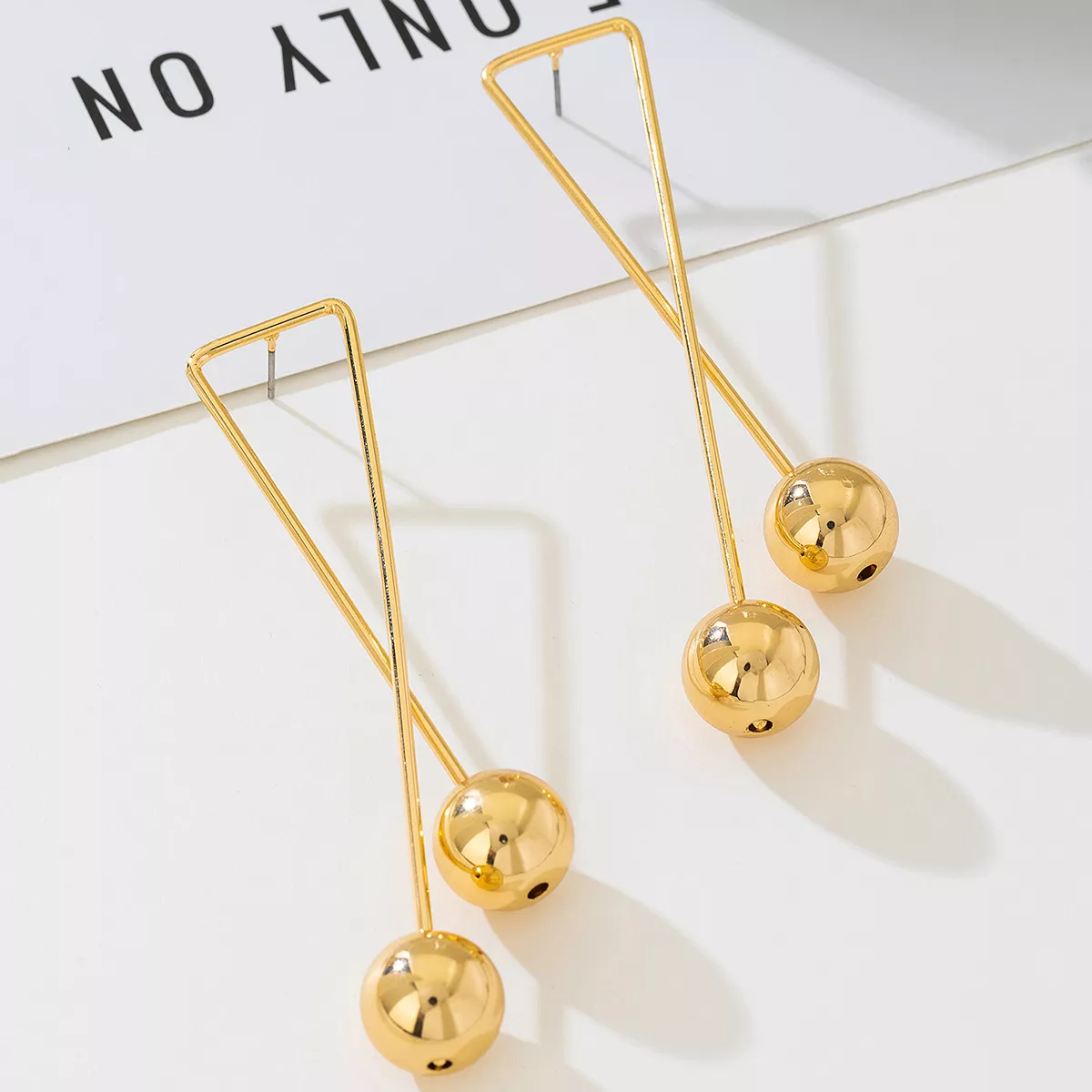 Modern Geometric Triangle Gold Ball Drop Earrings - Image 4