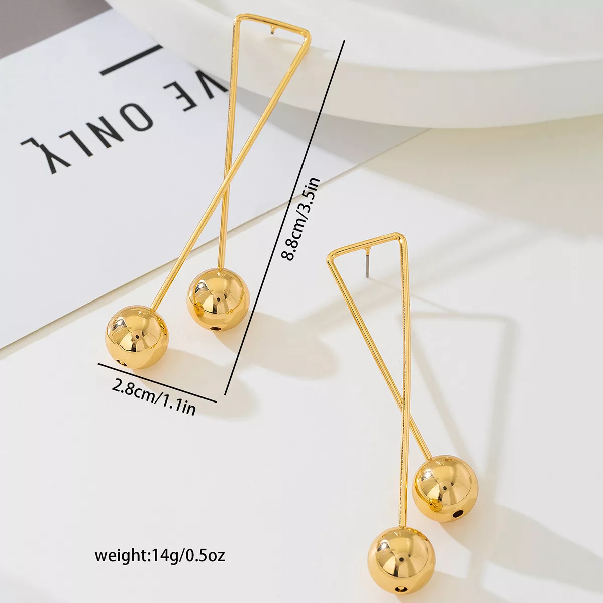 Modern Geometric Triangle Gold Ball Drop Earrings - Image 5