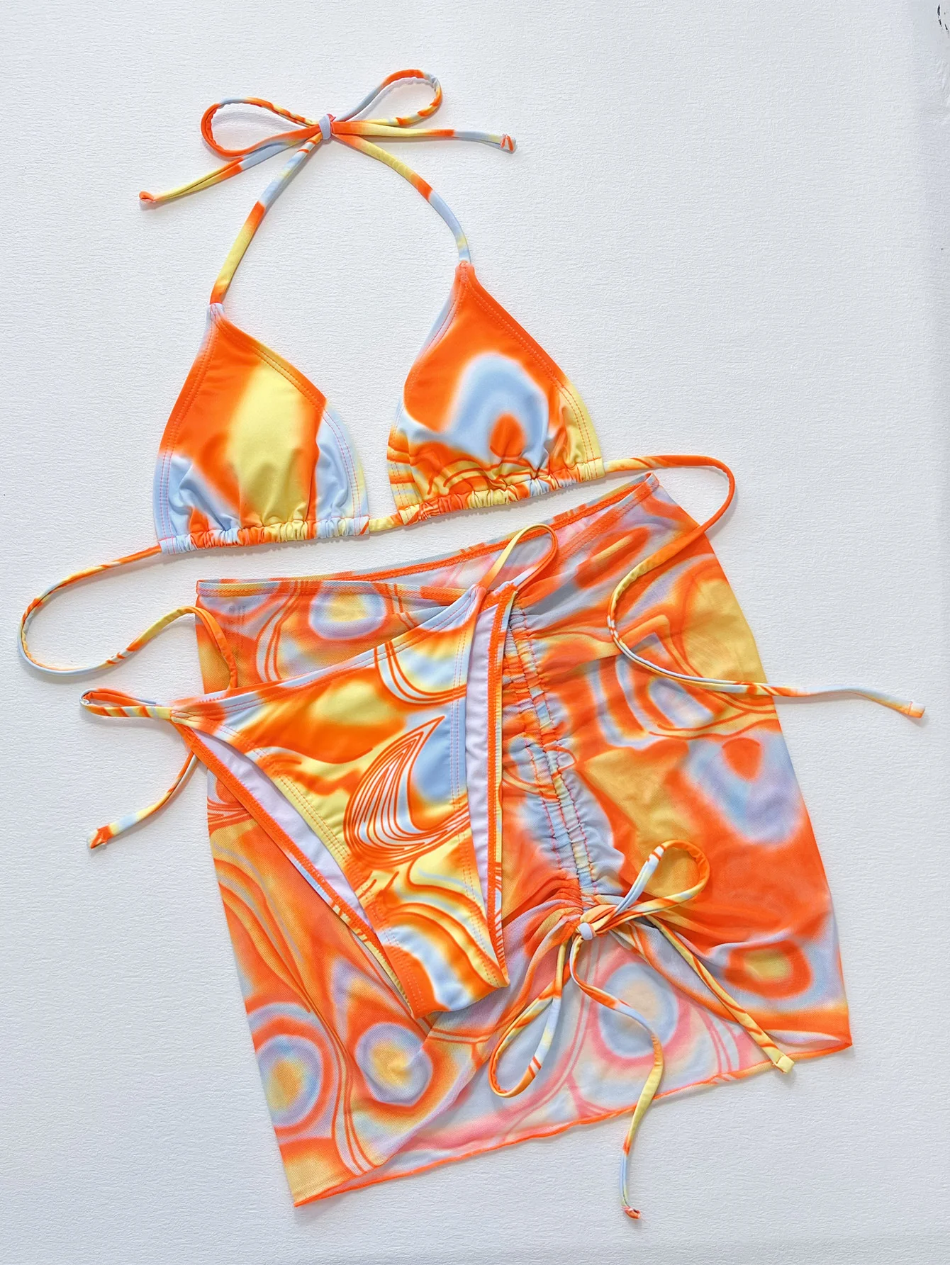 Multicolored Drawstring Ruched Three-Piece Swim Set - Image 3