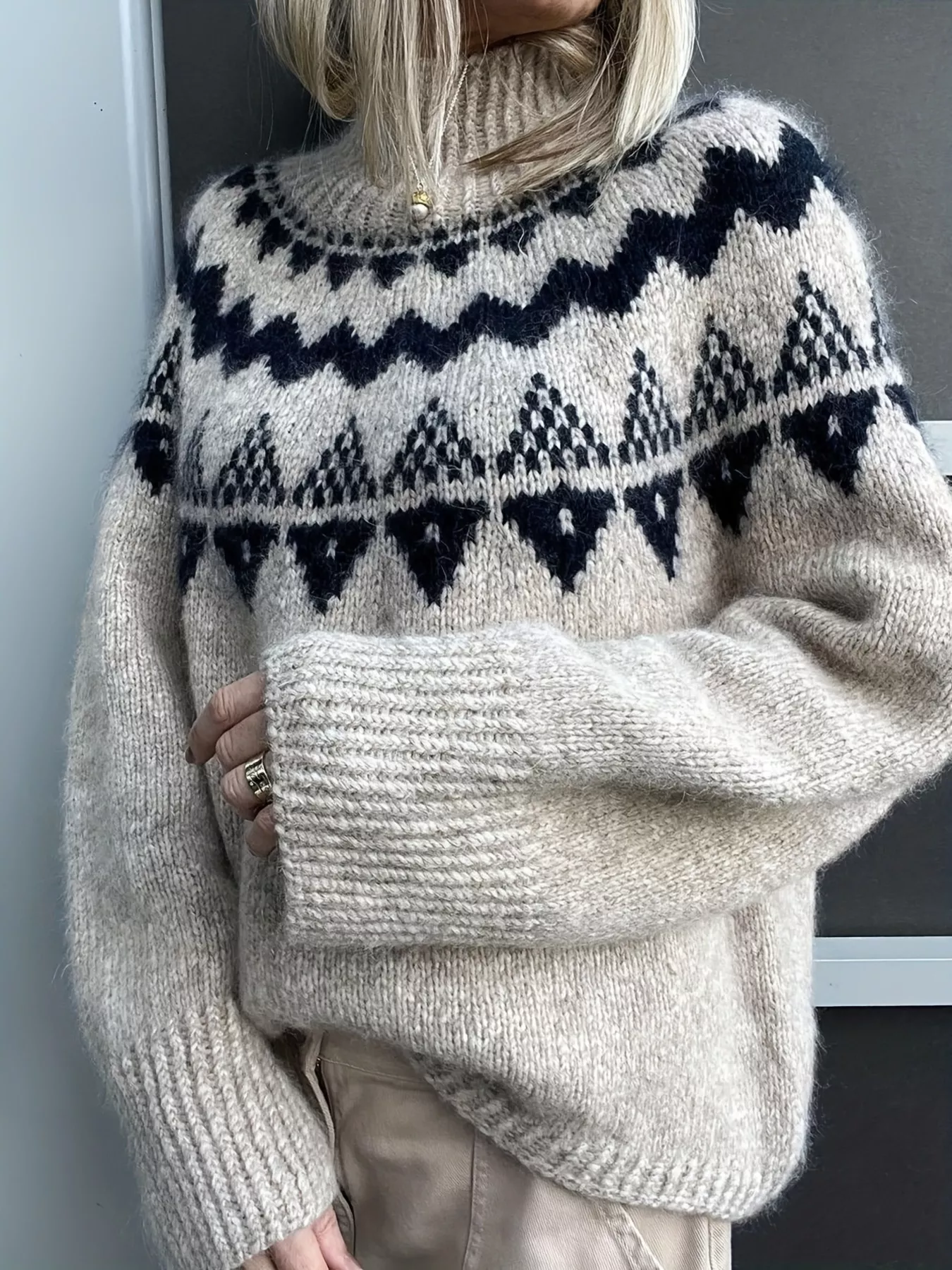 Nordic Pattern High Neck Sweater - Image 2