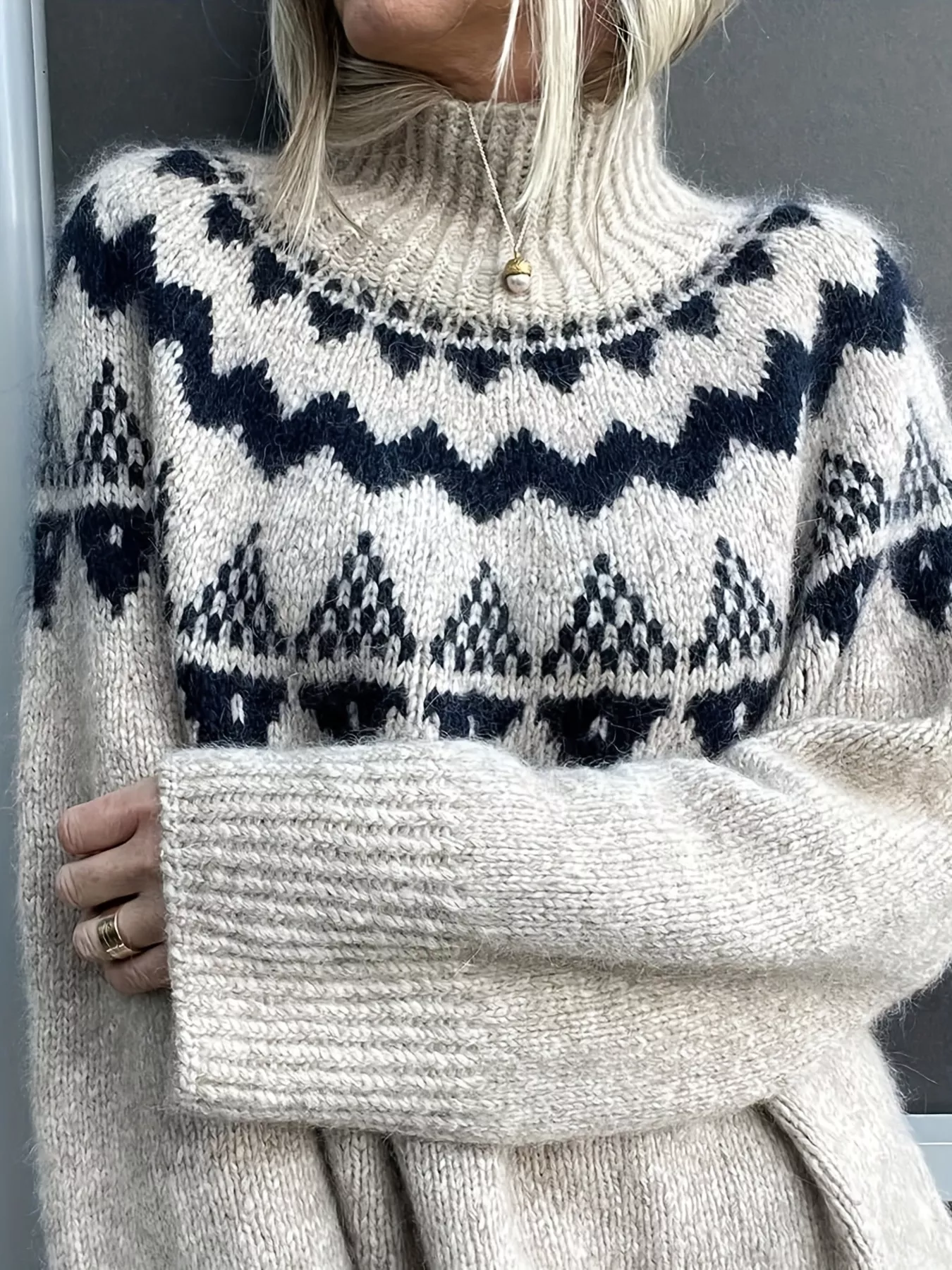 Nordic Pattern High Neck Sweater - Image 3