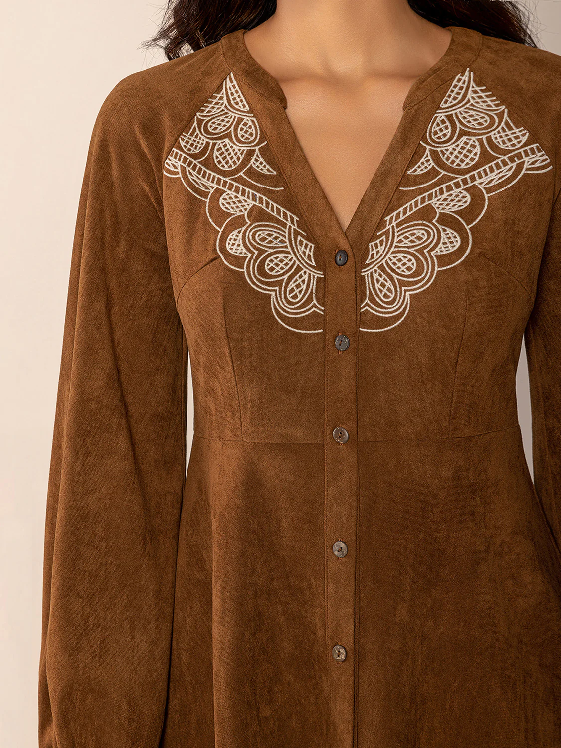 Notched Button Down Long Sleeve Mini Dress - Image 3