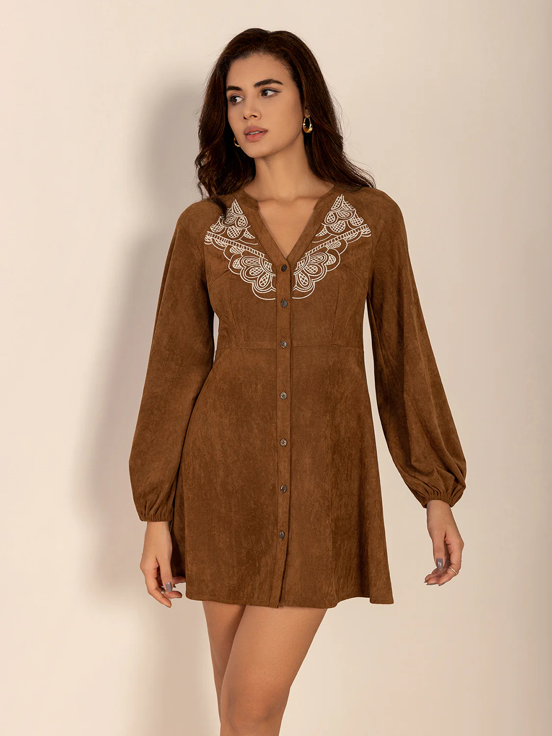 Notched Button Down Long Sleeve Mini Dress - Image 4