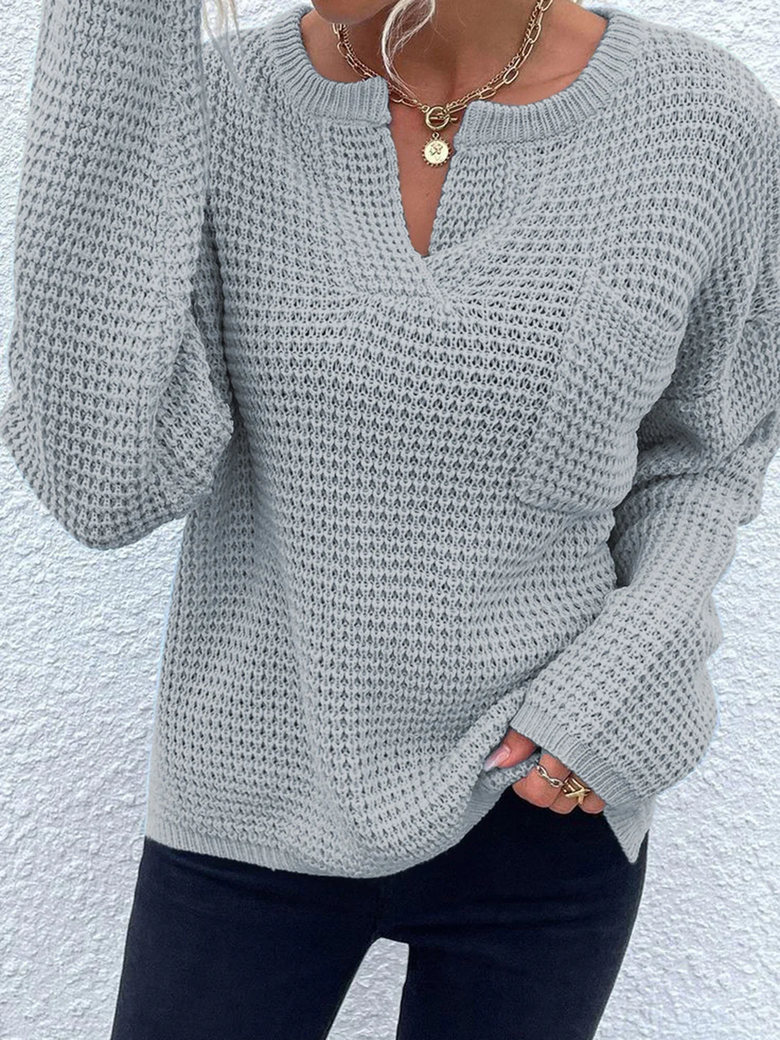 Notched Long Sleeve Sweater - Image 11