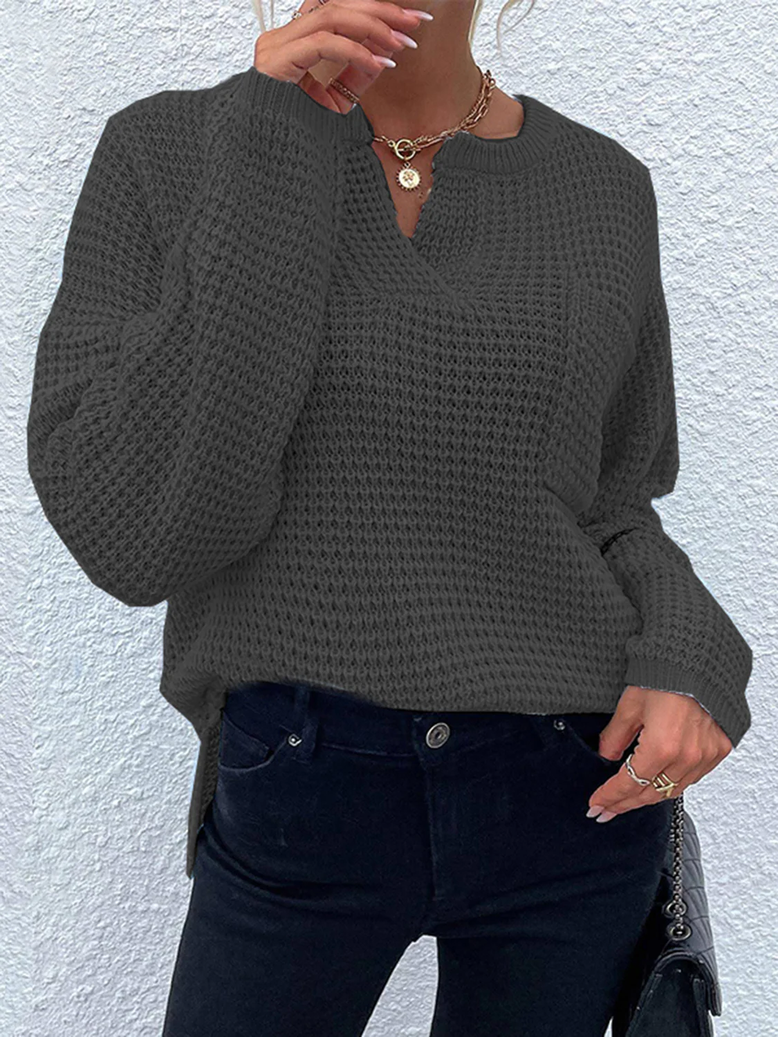 Notched Long Sleeve Sweater - Image 13