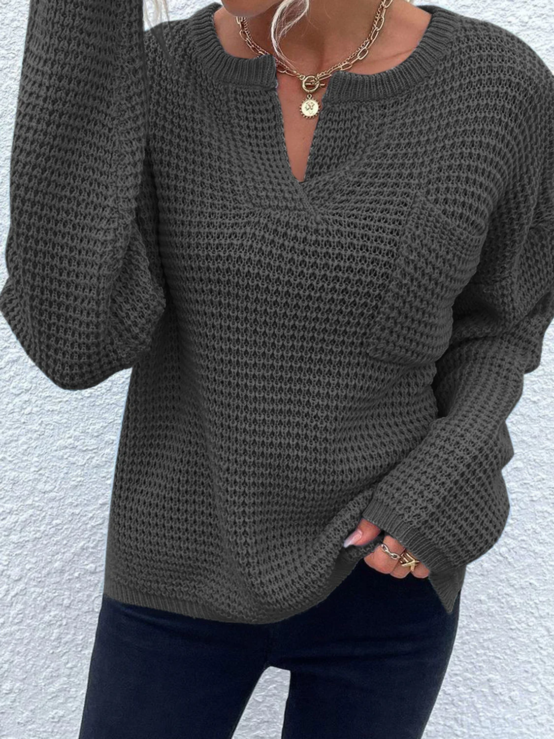 Notched Long Sleeve Sweater - Image 14