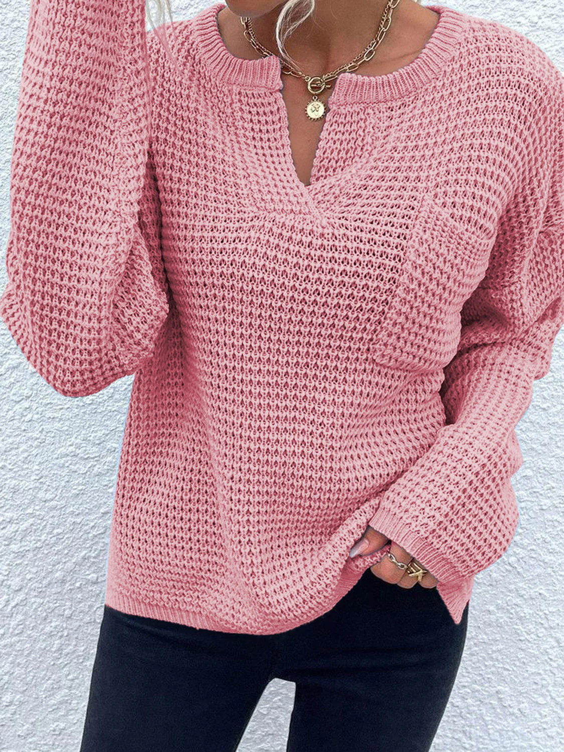 Notched Long Sleeve Sweater - Image 3