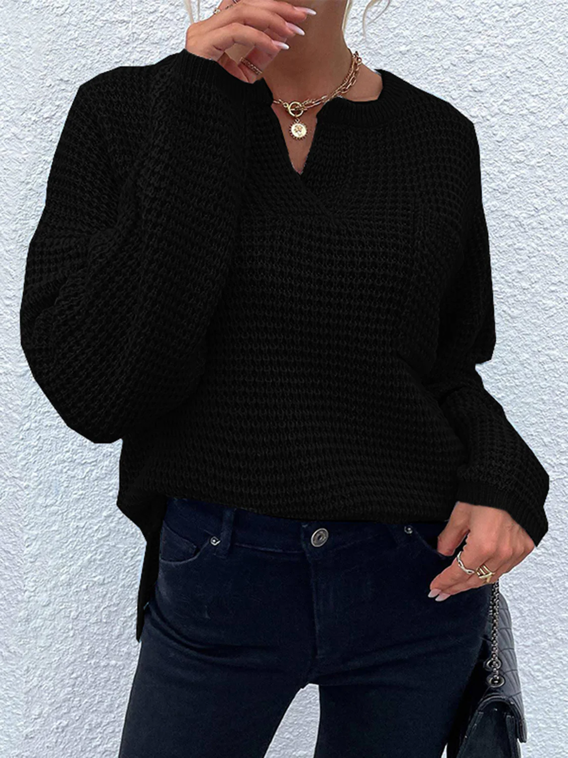 Notched Long Sleeve Sweater - Image 4