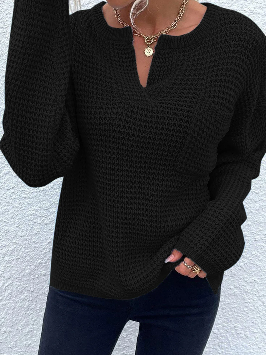 Notched Long Sleeve Sweater - Image 5