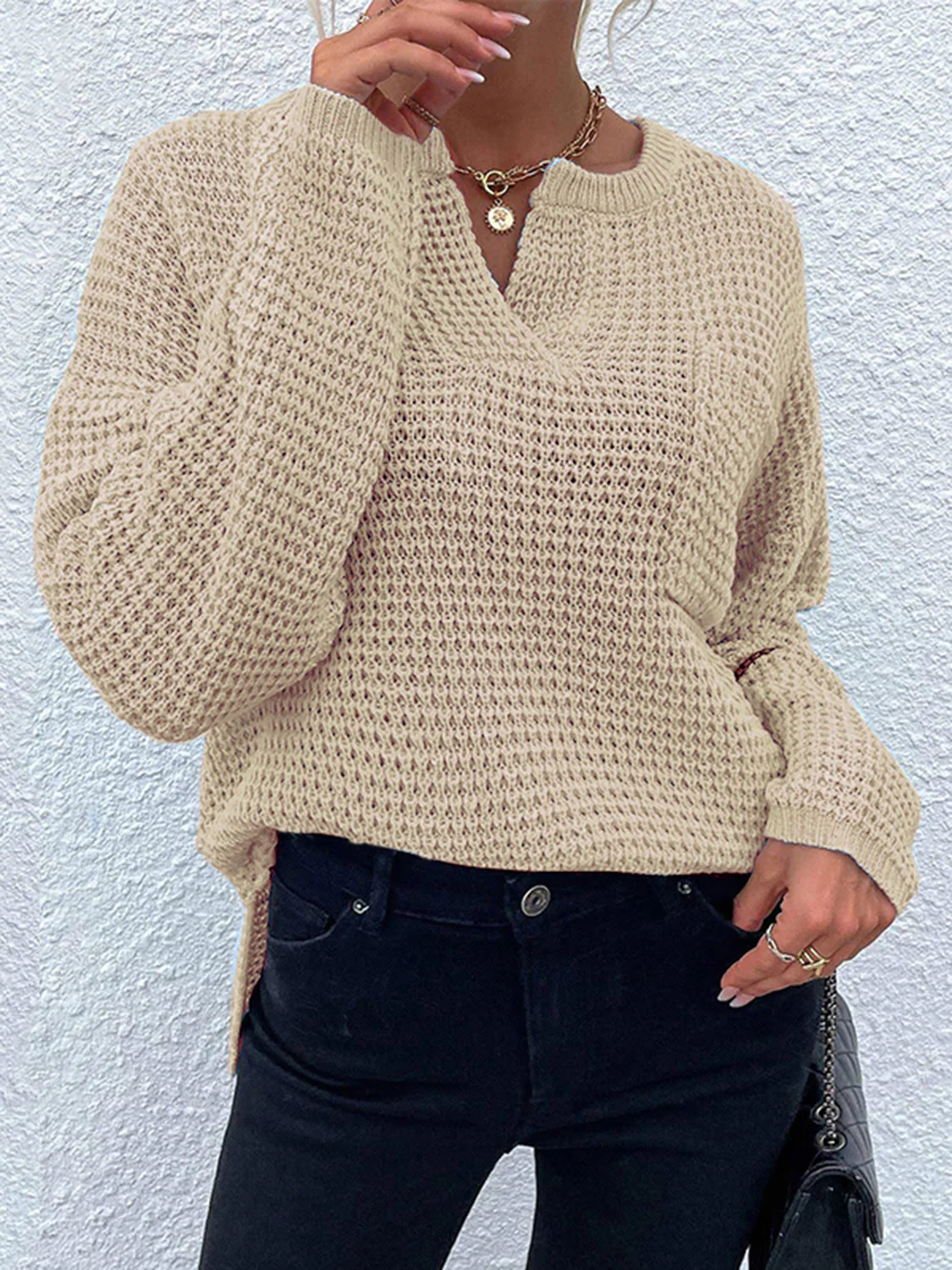 Notched Long Sleeve Sweater - Image 7