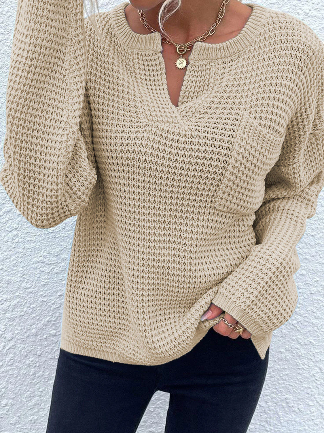 Notched Long Sleeve Sweater - Image 9