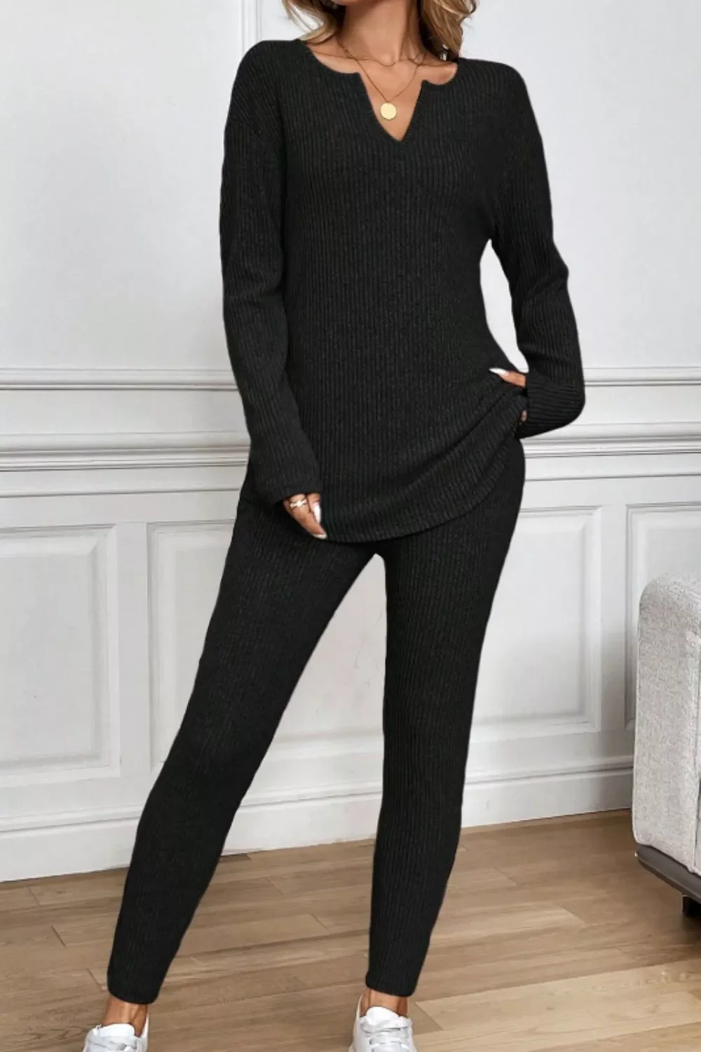 Notched Long Sleeve Top & Pants Set - Image 2