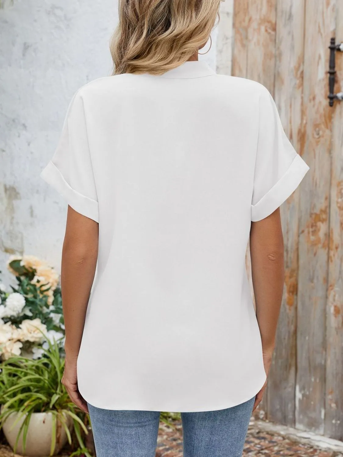Notched Short Sleeve Blouse - Image 11