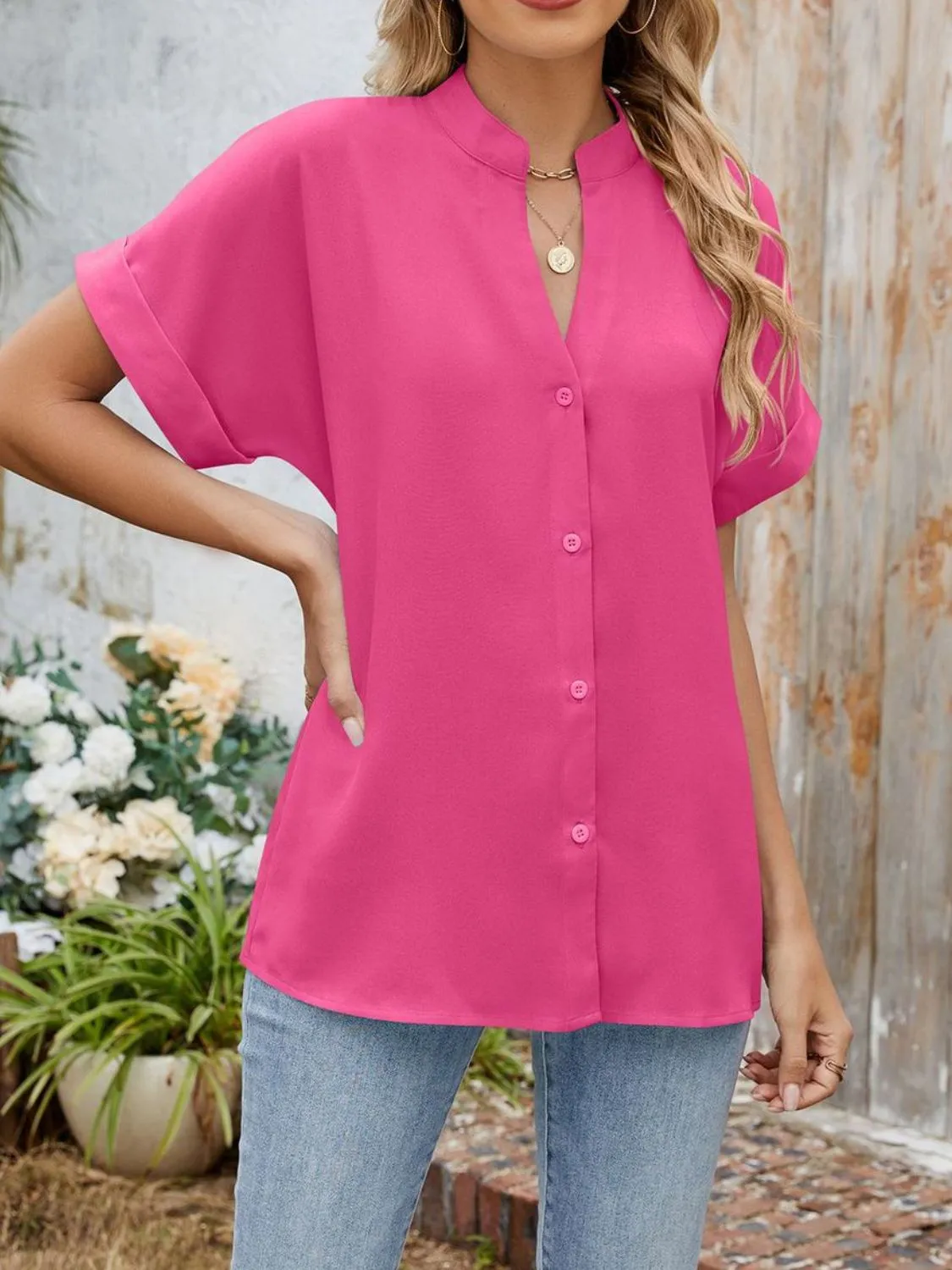 Notched Short Sleeve Blouse - Image 16