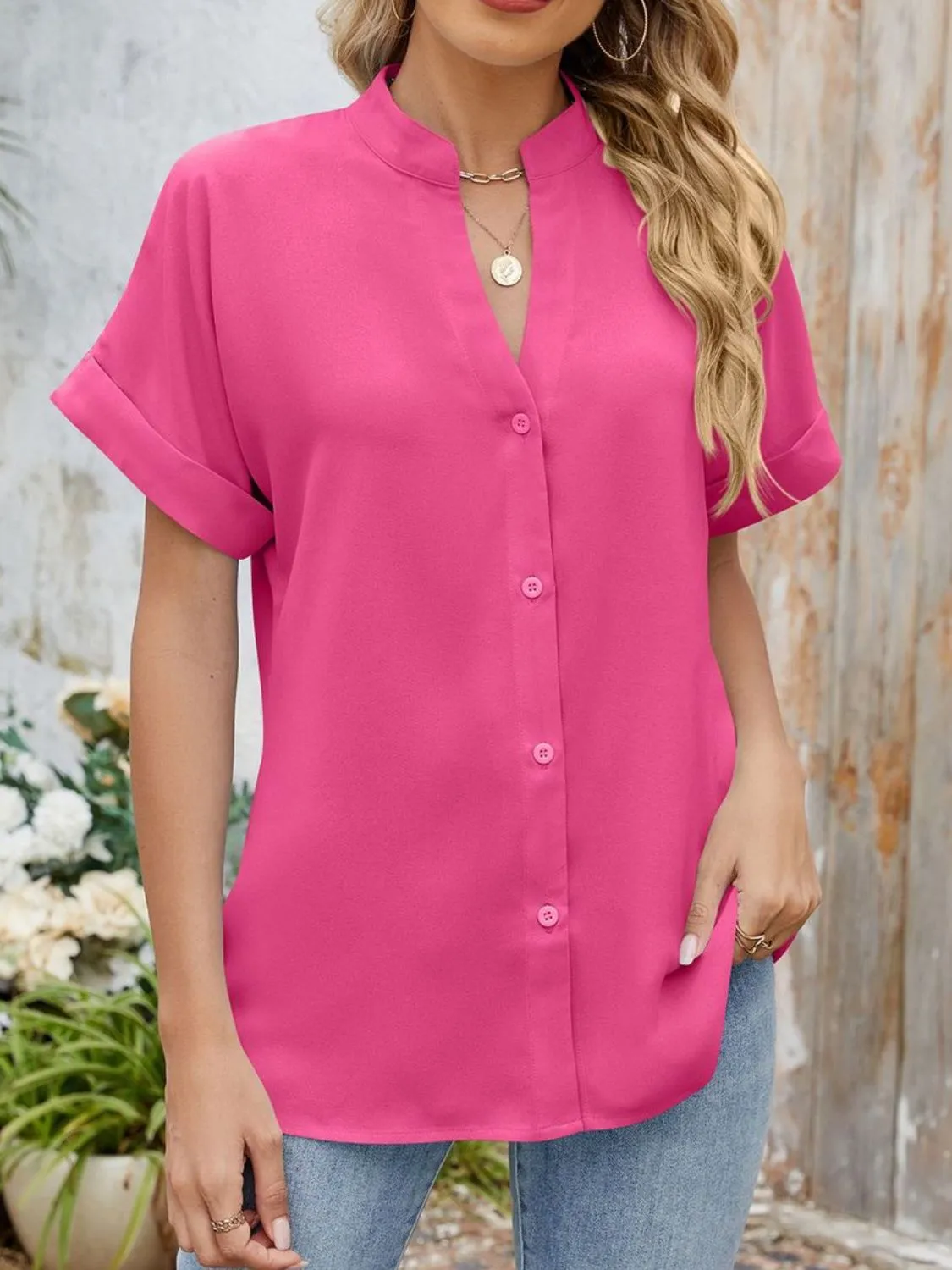 Notched Short Sleeve Blouse - Image 17