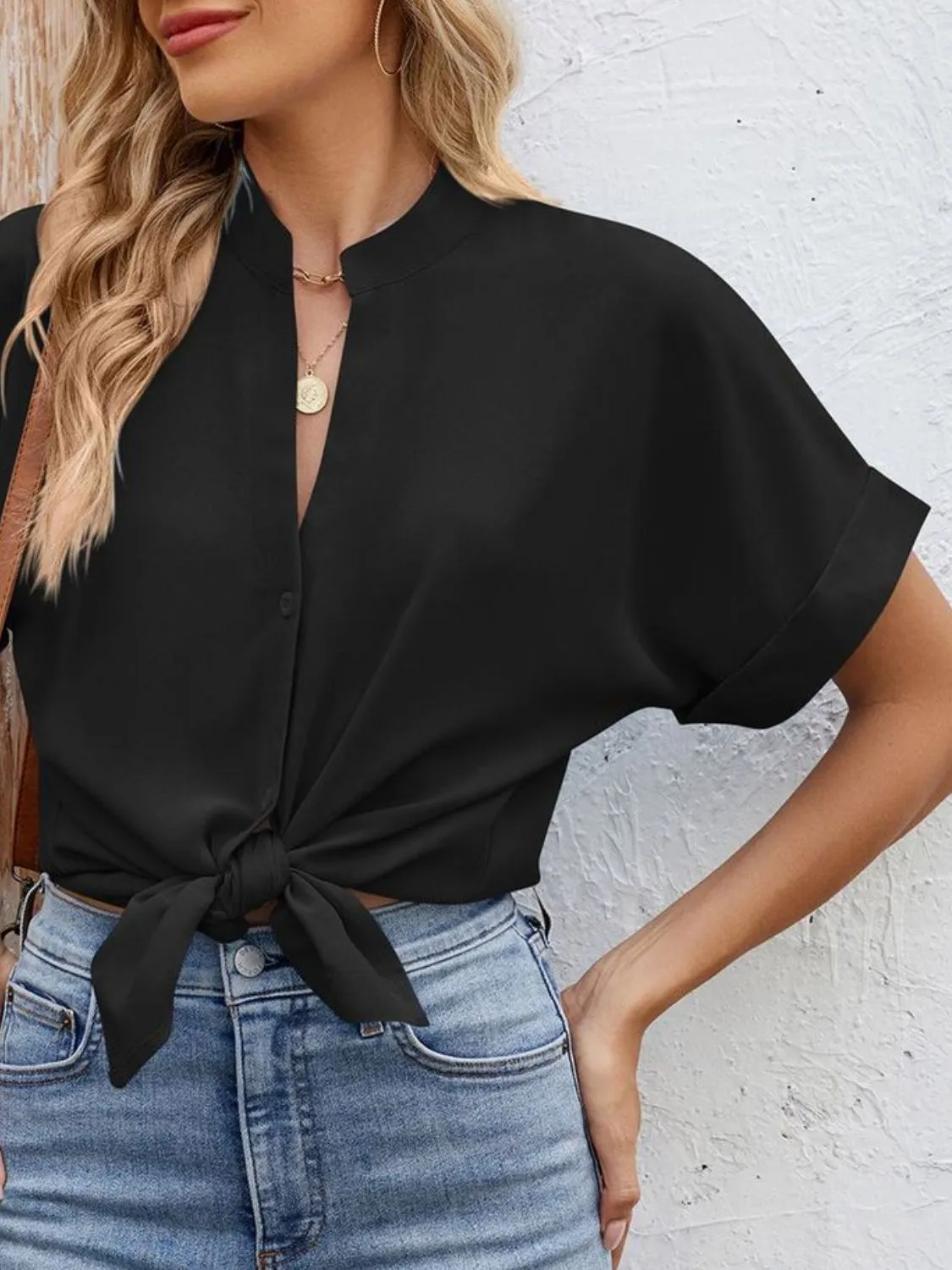 Notched Short Sleeve Blouse - Image 20