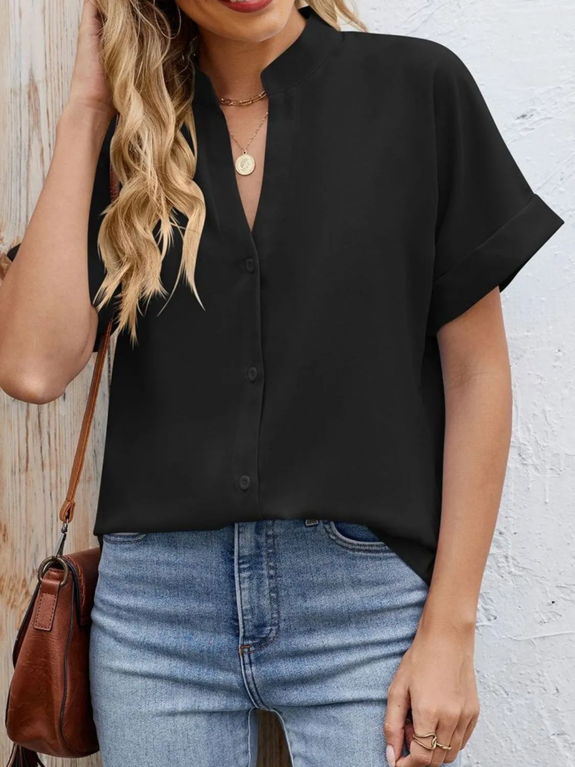 Notched Short Sleeve Blouse - Image 21