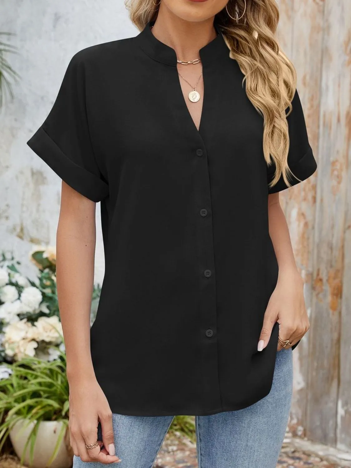 Notched Short Sleeve Blouse - Image 24