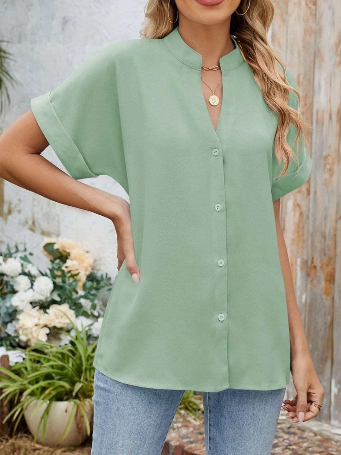 Notched Short Sleeve Blouse - Image 30