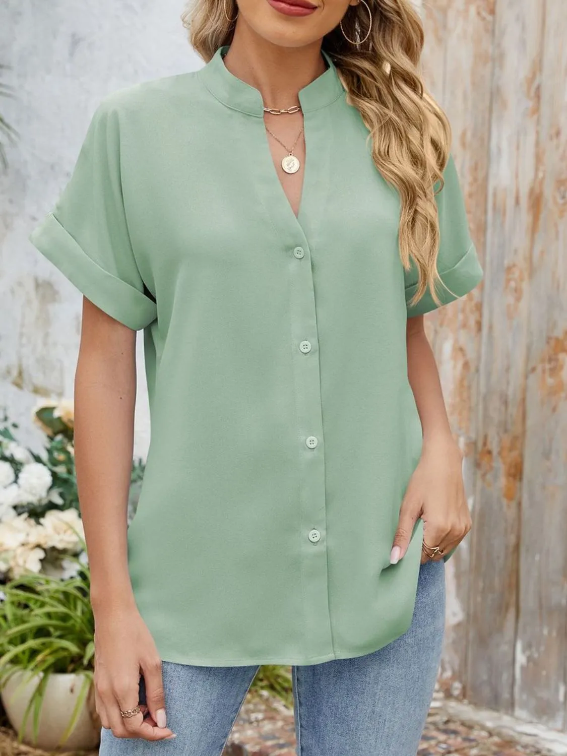 Notched Short Sleeve Blouse - Image 31