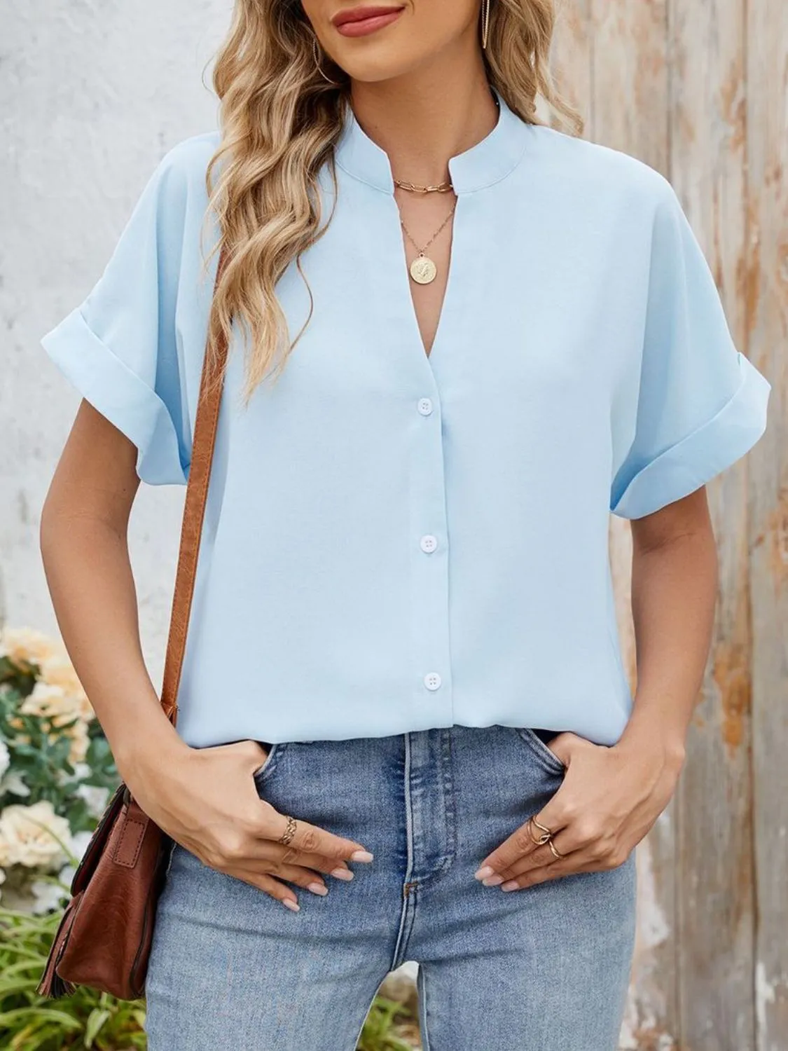 Notched Short Sleeve Blouse - Image 4