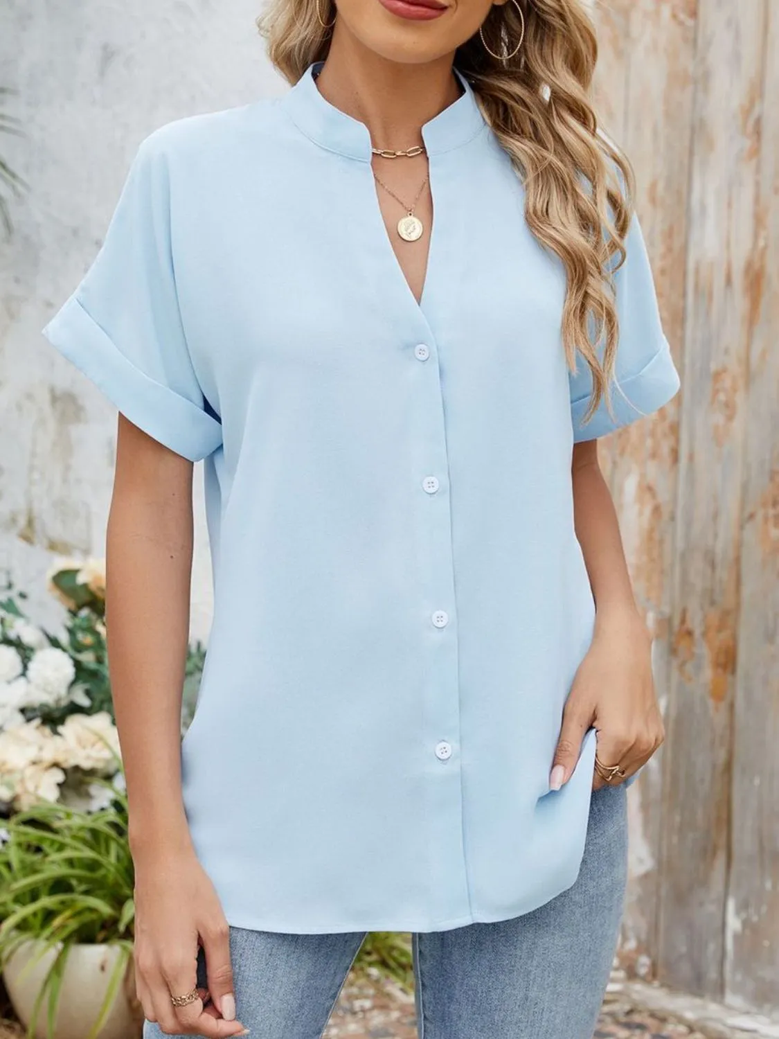 Notched Short Sleeve Blouse - Image 5