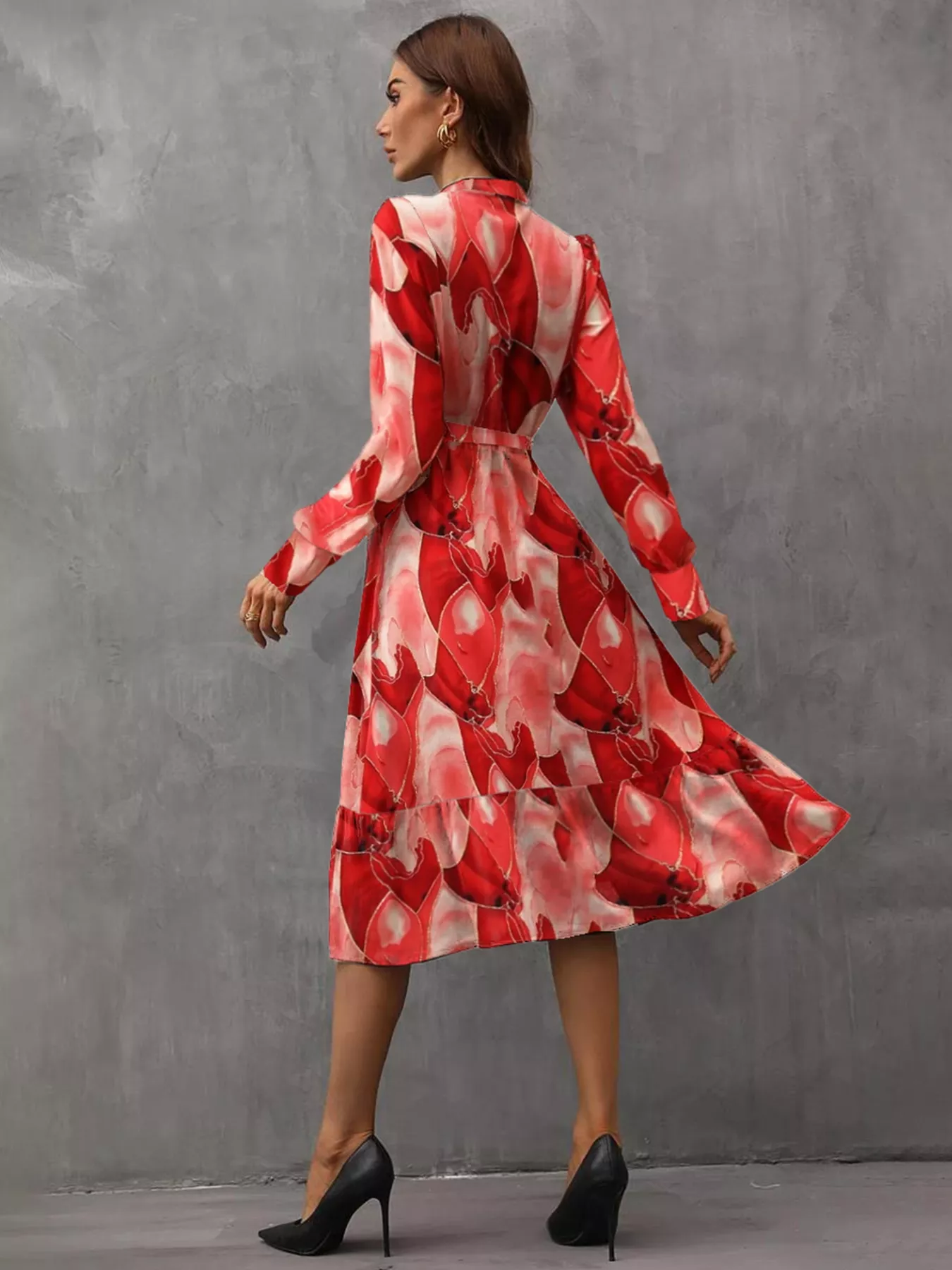 Notched Tie Waist Long Sleeve Dress - Image 4