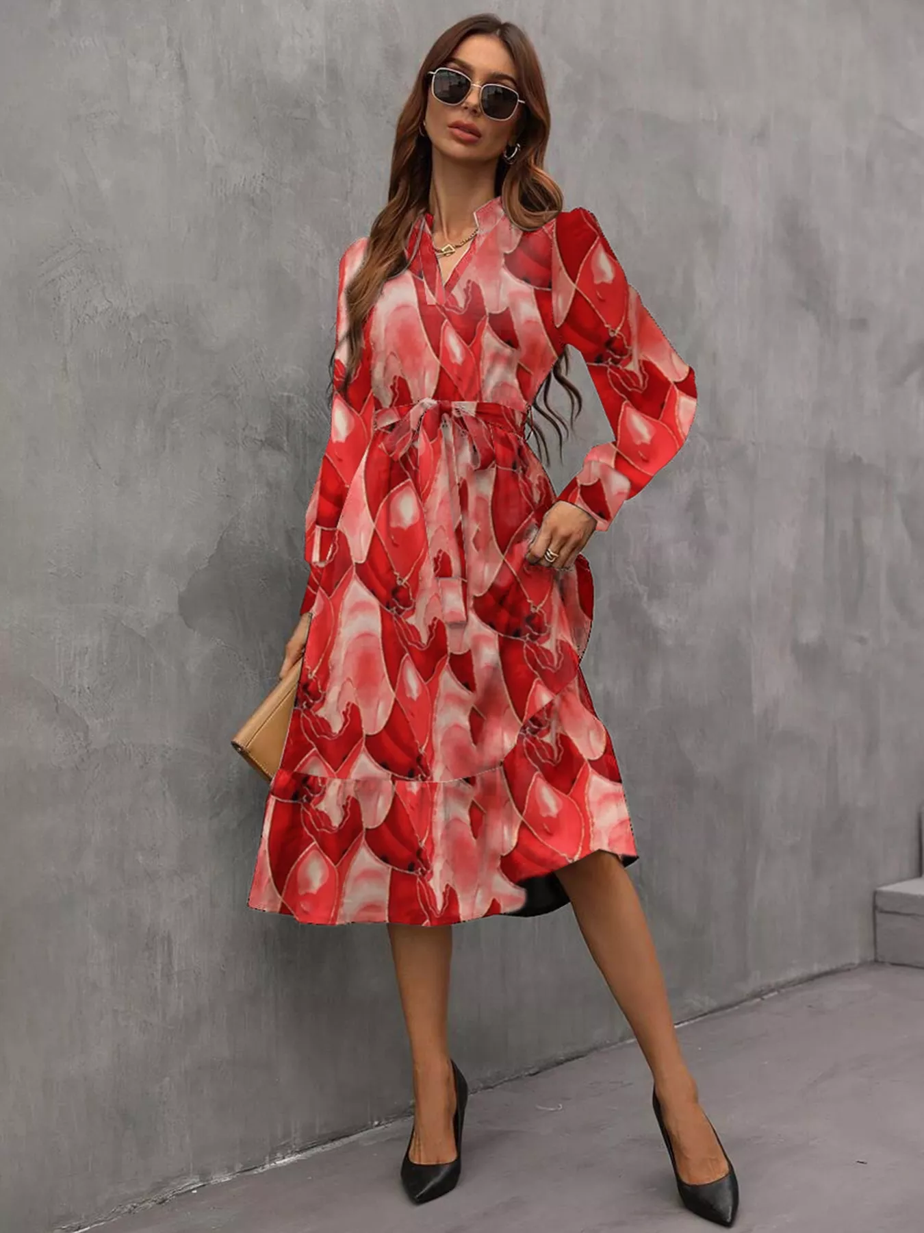 Notched Tie Waist Long Sleeve Dress - Image 5