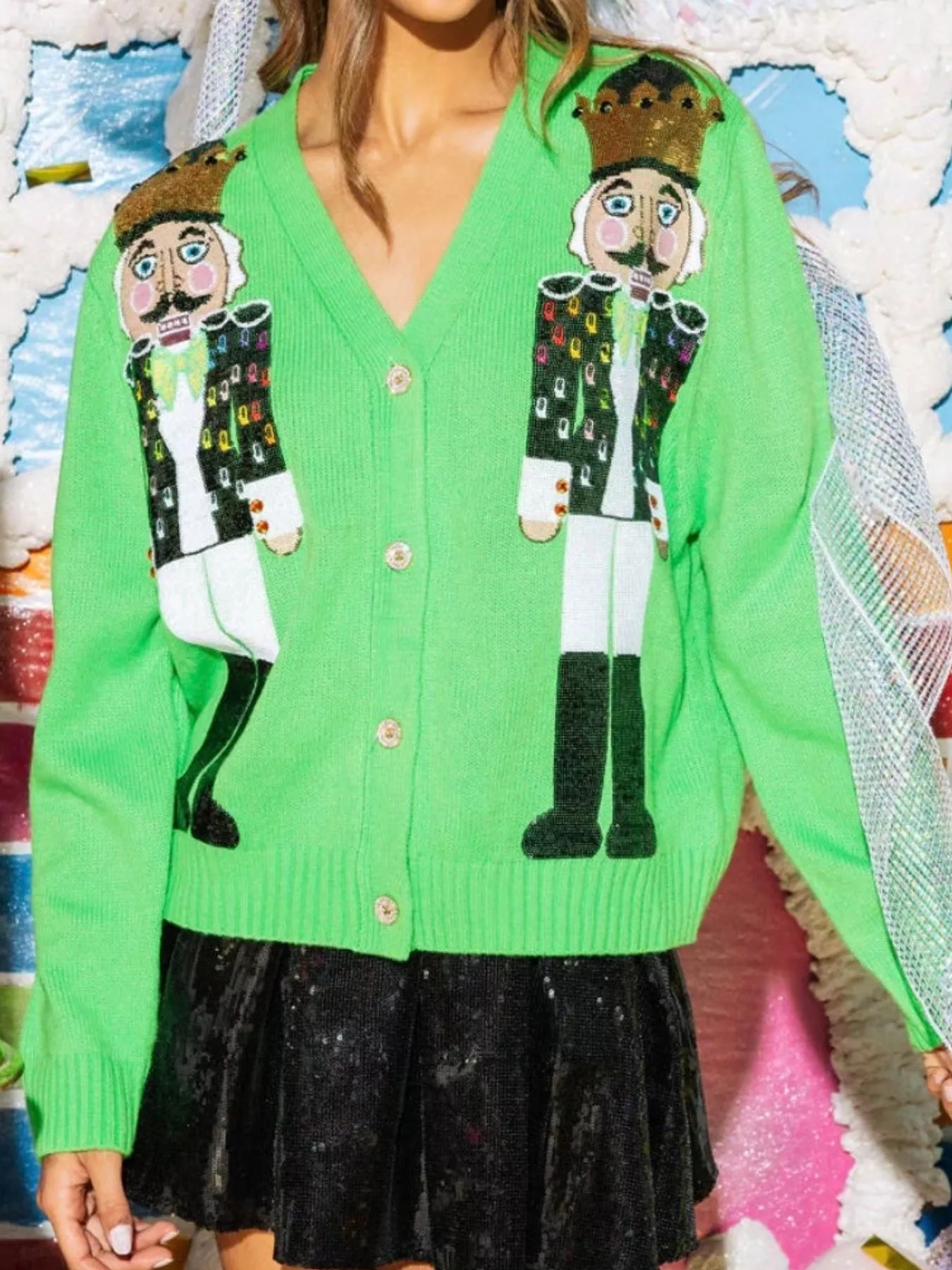 Nutcracker Ribbed Hem V-Neck Cardigan - Image 14