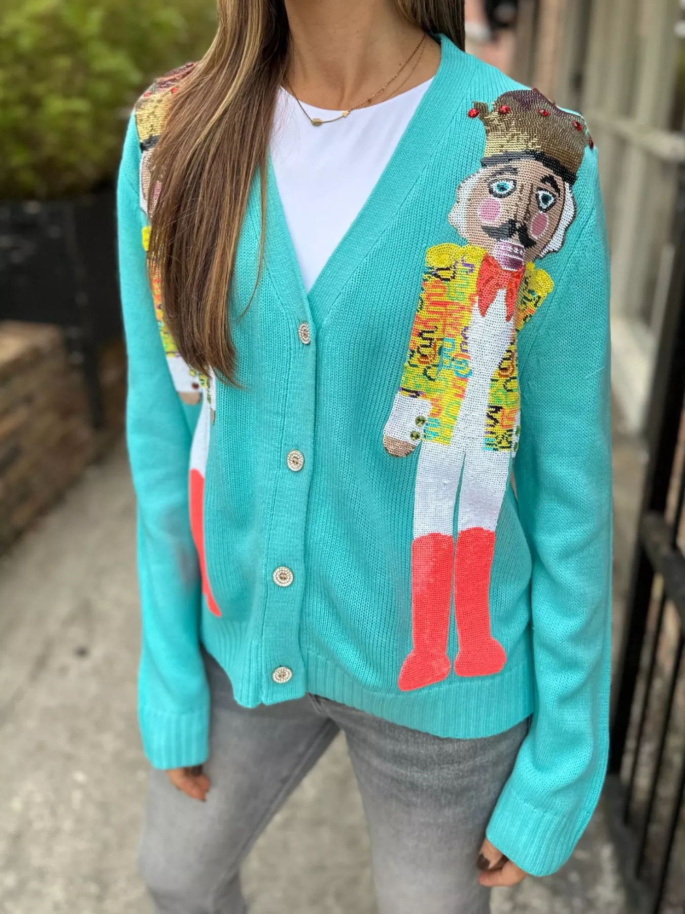 Nutcracker Ribbed Hem V-Neck Cardigan - Image 16
