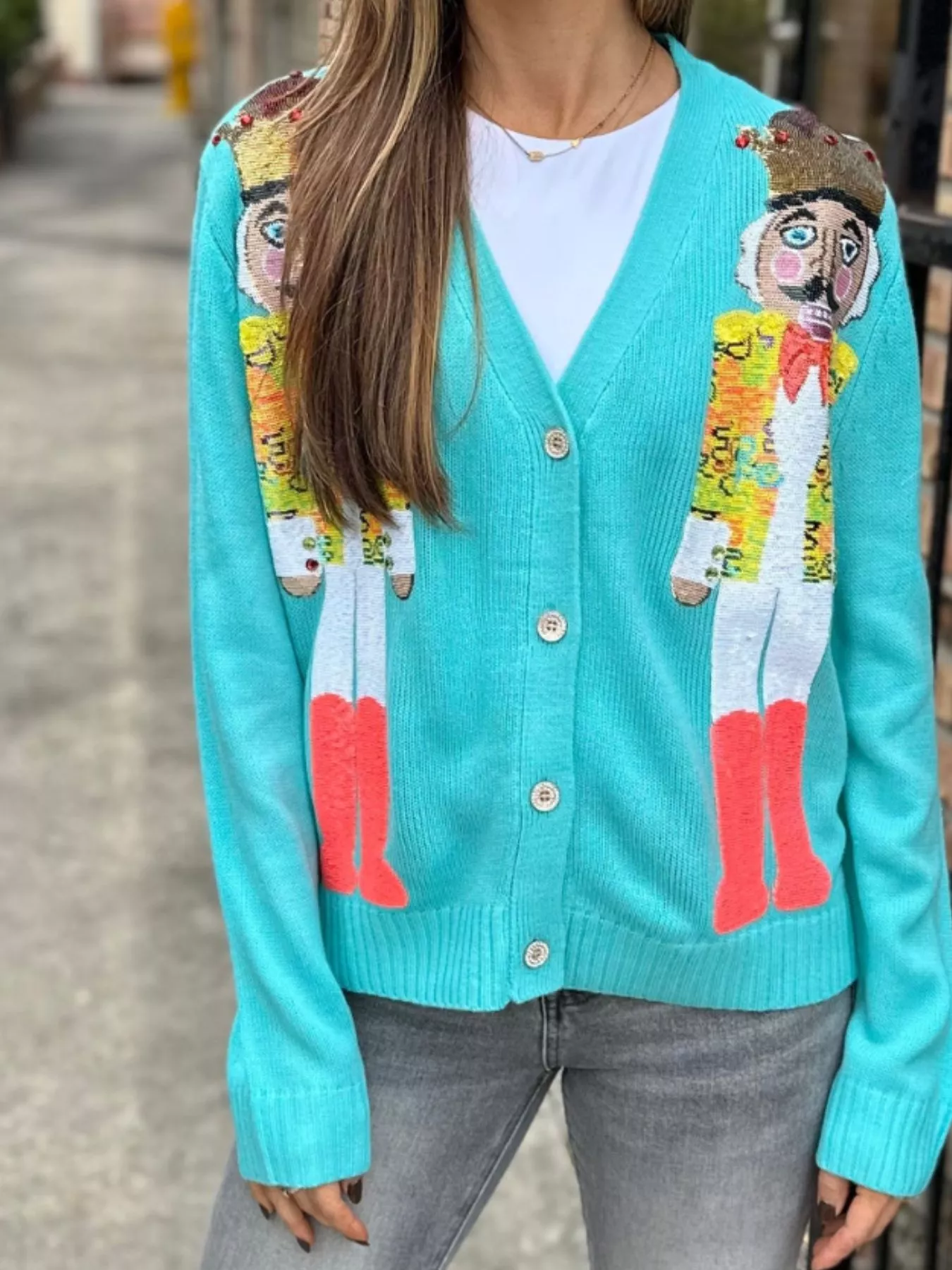 Nutcracker Ribbed Hem V-Neck Cardigan - Image 18