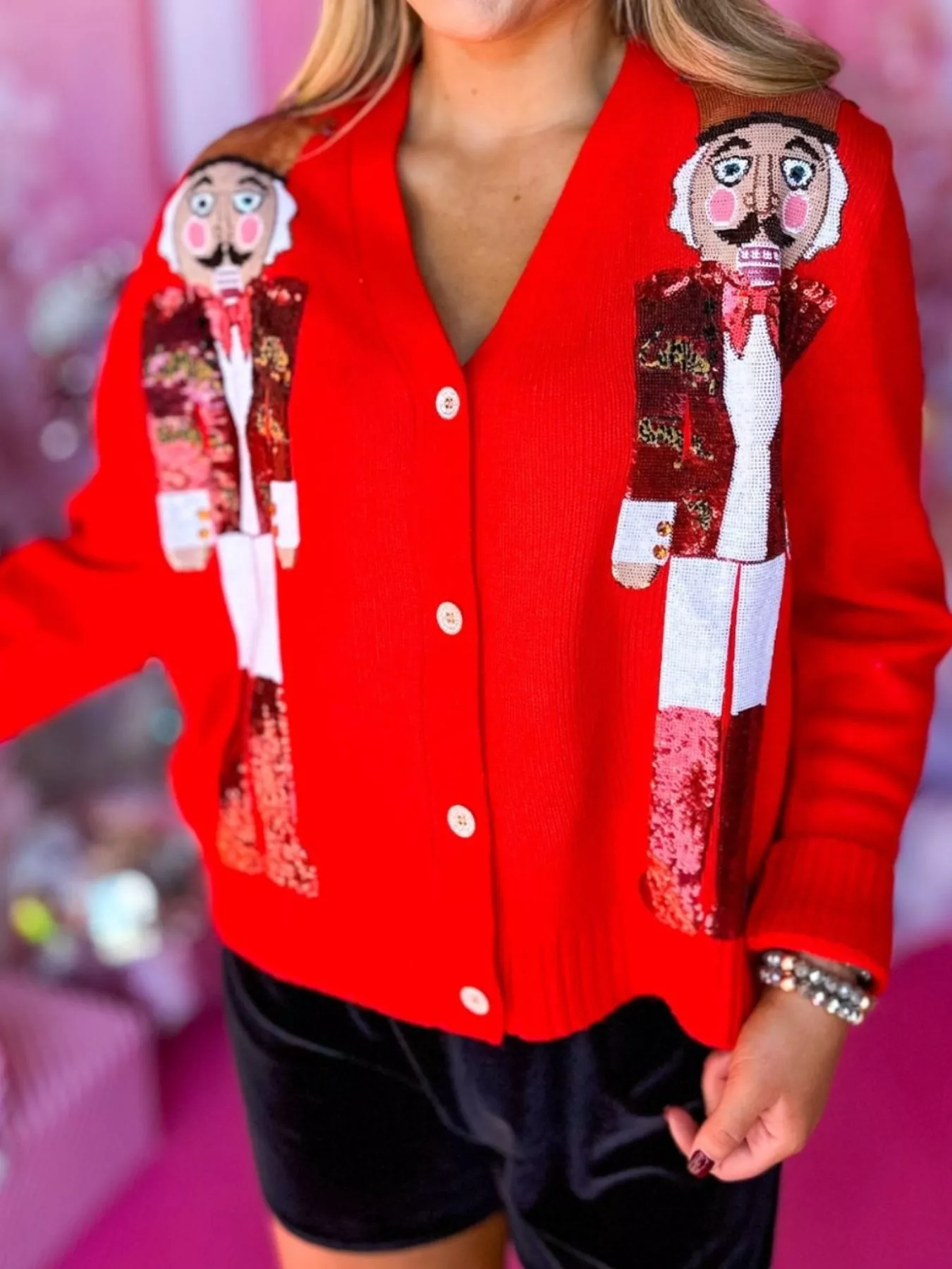 Nutcracker Ribbed Hem V-Neck Cardigan - Image 4