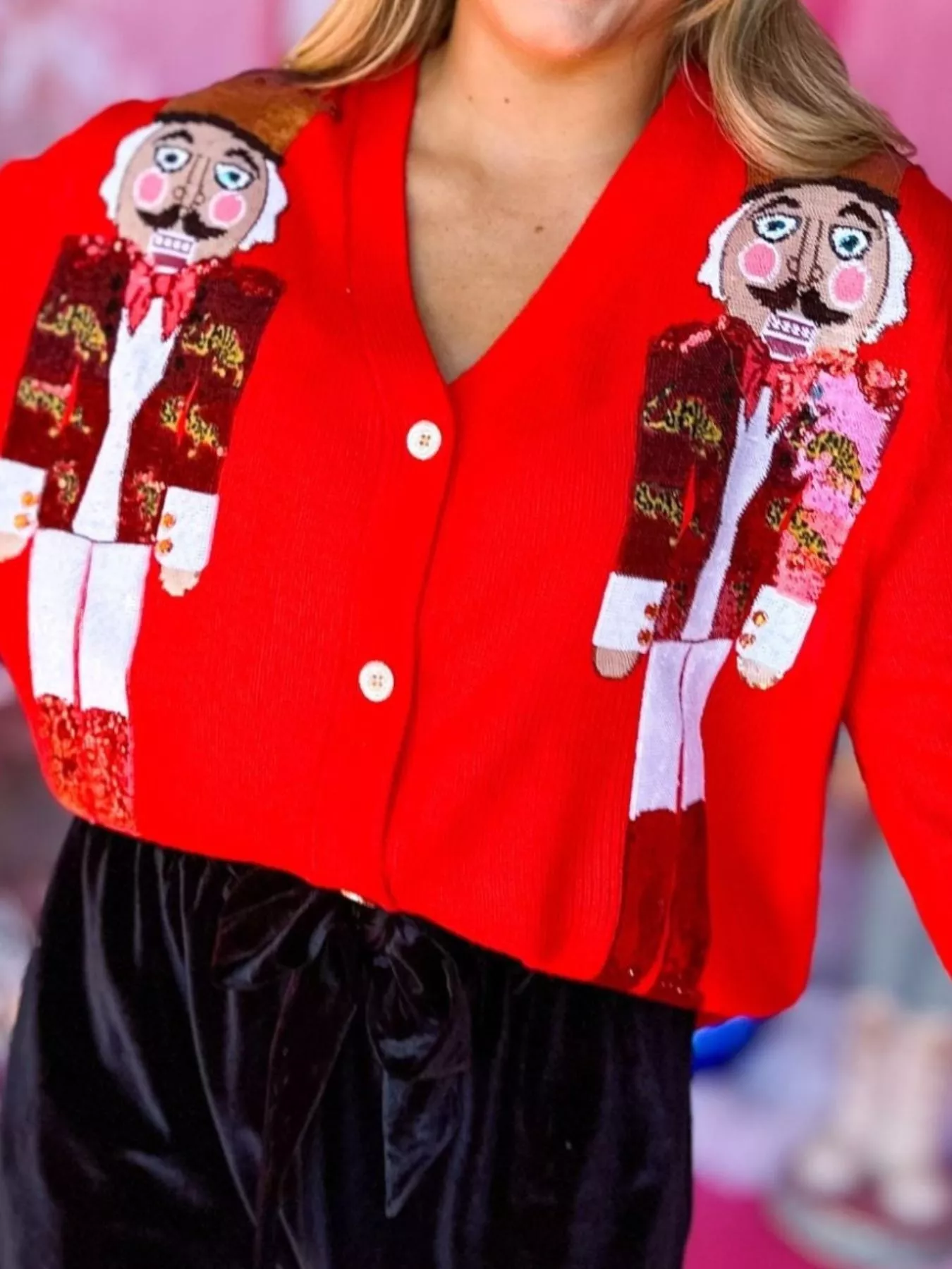 Nutcracker Ribbed Hem V-Neck Cardigan - Image 5