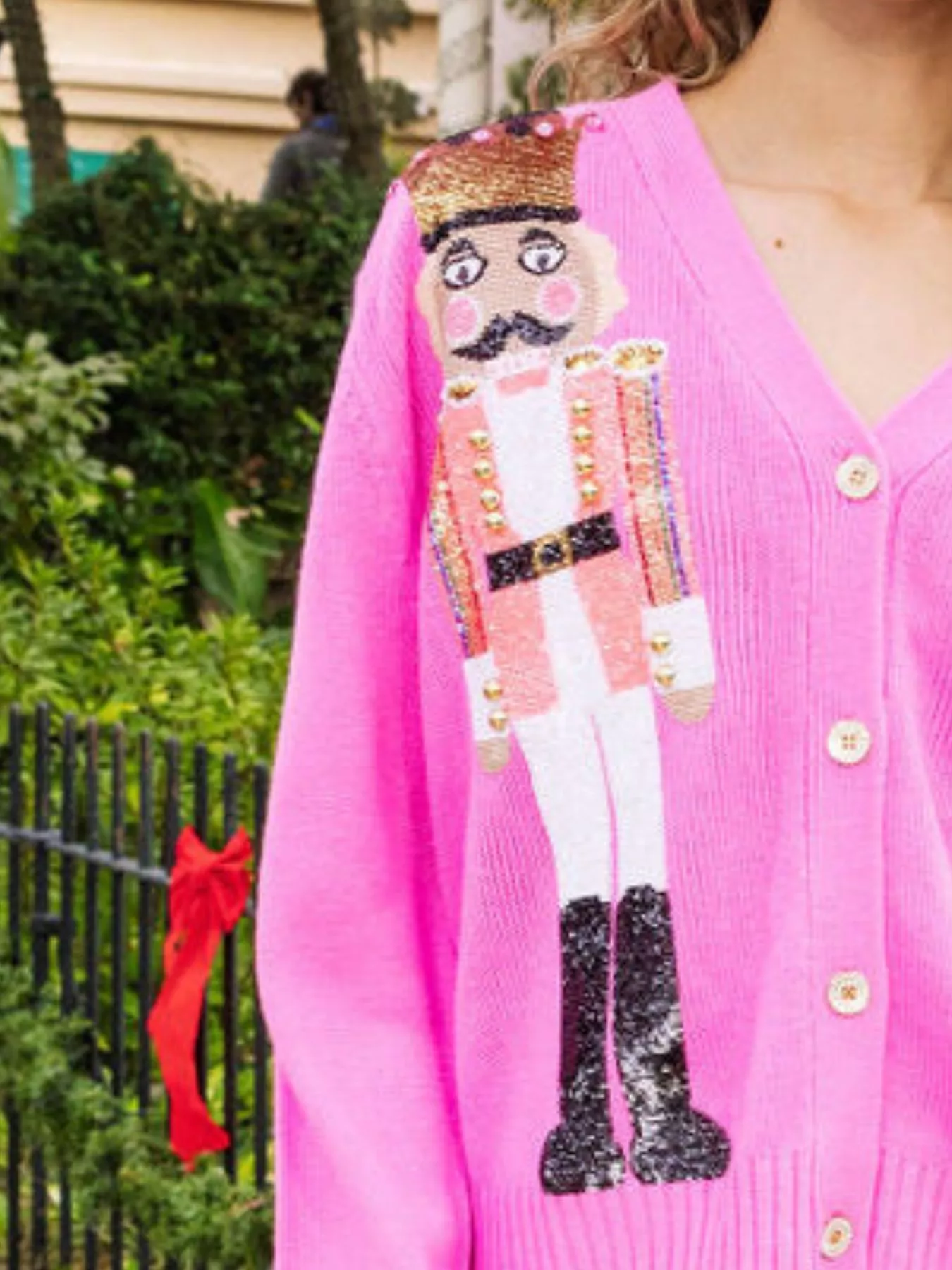 Nutcracker Ribbed Hem V-Neck Cardigan - Image 9