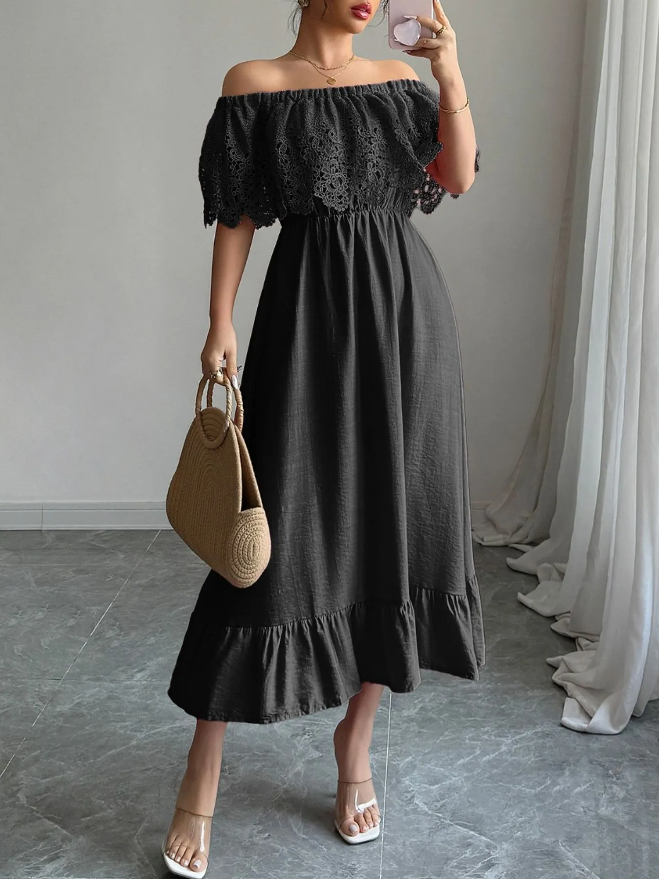 Off-Shoulder Lace Ruffle Midi Dress