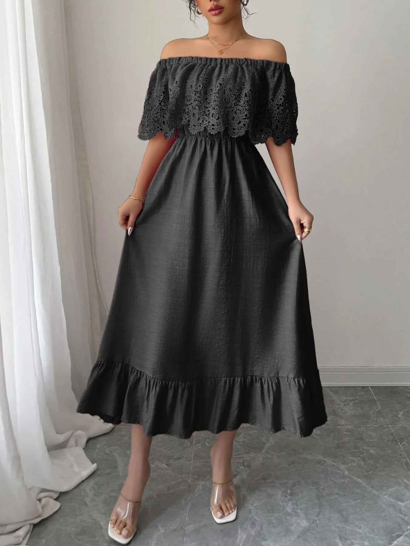 Off-Shoulder Lace Ruffle Midi Dress - Image 2