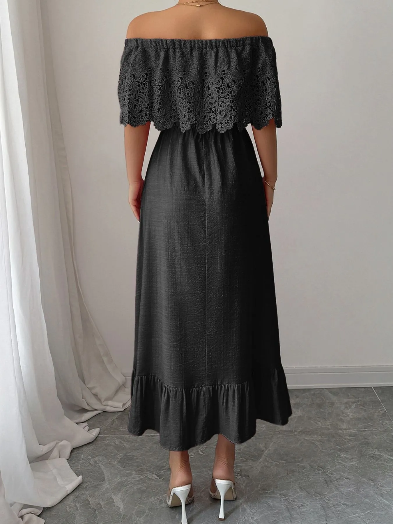 Off-Shoulder Lace Ruffle Midi Dress - Image 3